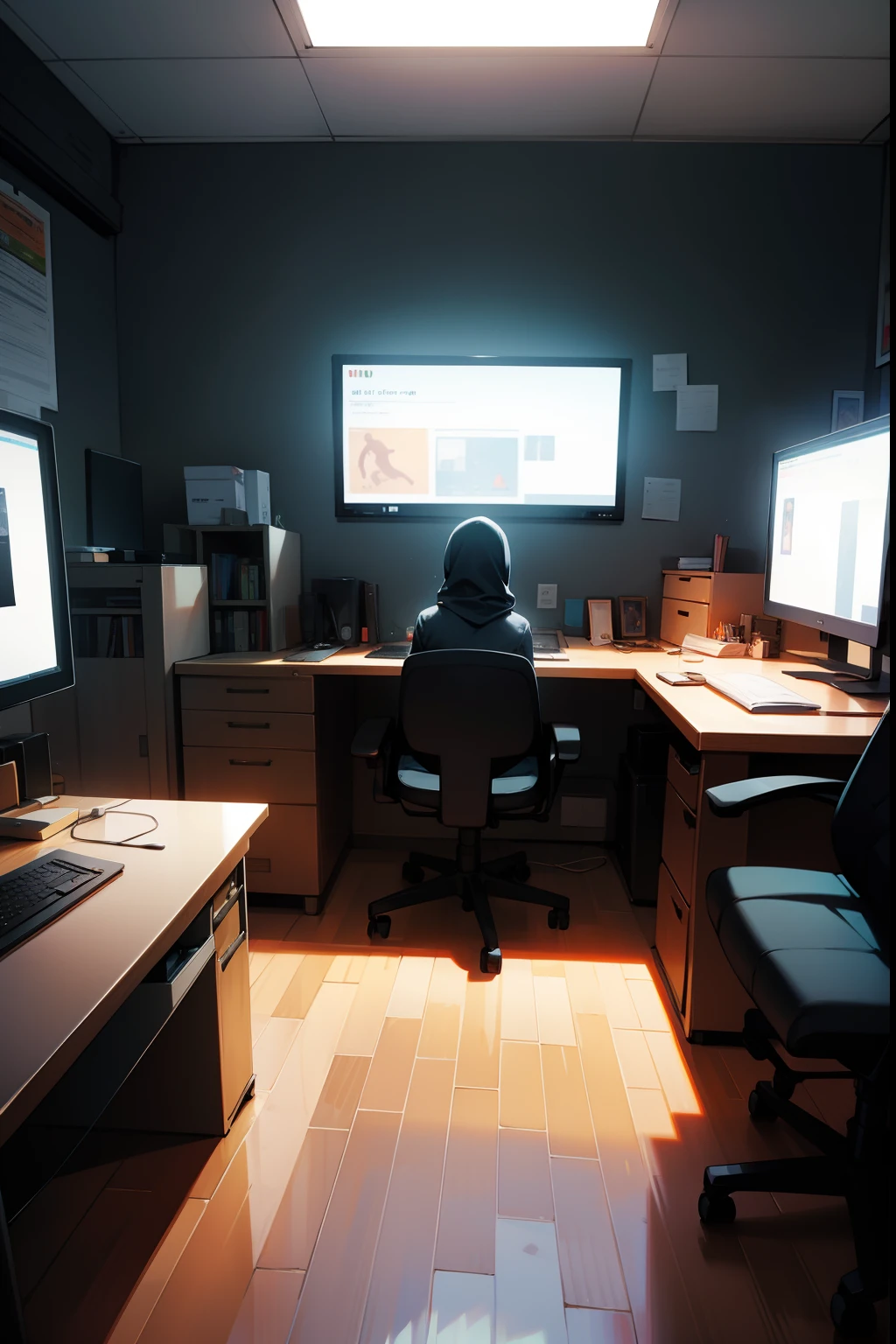 game studio, workspace, muslim, office, best quality, cinematic Film still from