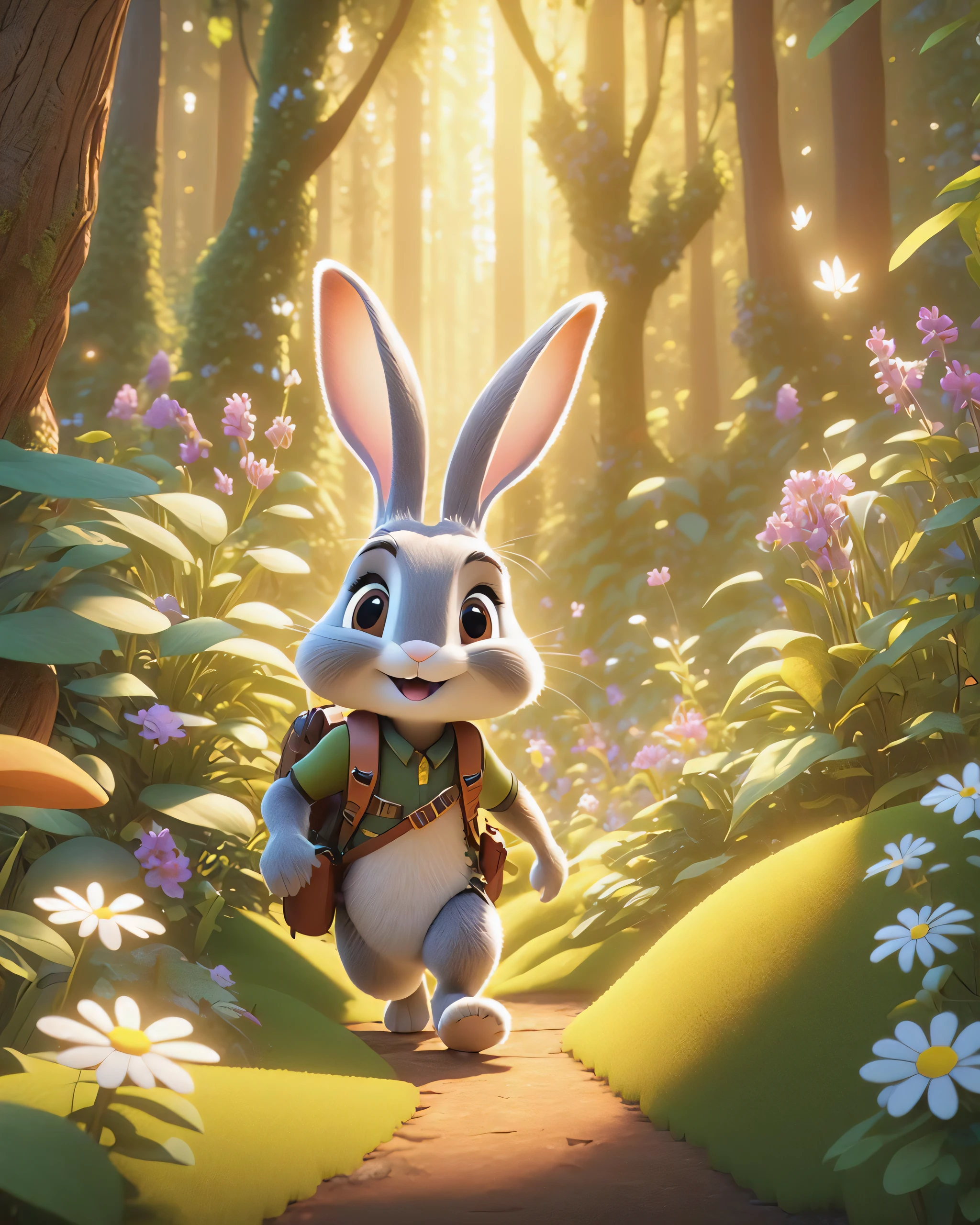 A sunny afternoon in a magical forest where an anthropomorphic bunny explorer encounters forest fairies. Rendered in Pixar style with abundant plants, flowers, idyllic weather, and volumetric lighting during golden hour. , detailed, realistic, 8k uhd, high quality