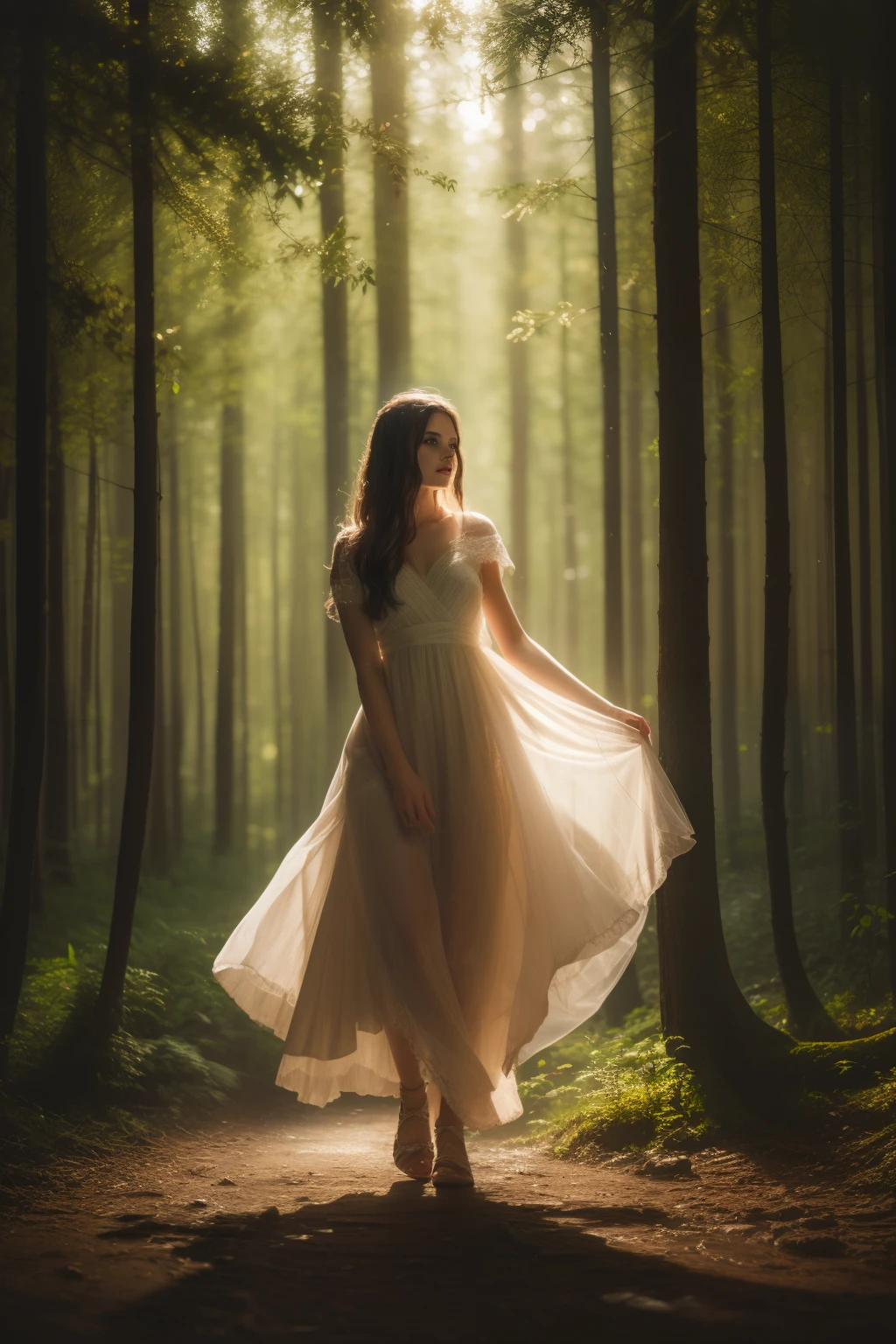 detailed,fine art,illustration,realistic rendering,woman,face,eyes,nose,lips,beautiful,expressive,emotions,outfit,dirty clothes,wet,mud stuck,helpless,woods,trees,tangled branches,low light,evening horizon,ground level,wide shot,captivating,colorful,impressionist,soft colors,majestic,harmony,peaceful,mysterious atmosphere,immersed in nature,ethereal,masterpiece:1.2,best quality,high resolution,ultra-detailed,painting-like rendering,studio lighting,professional,bokeh