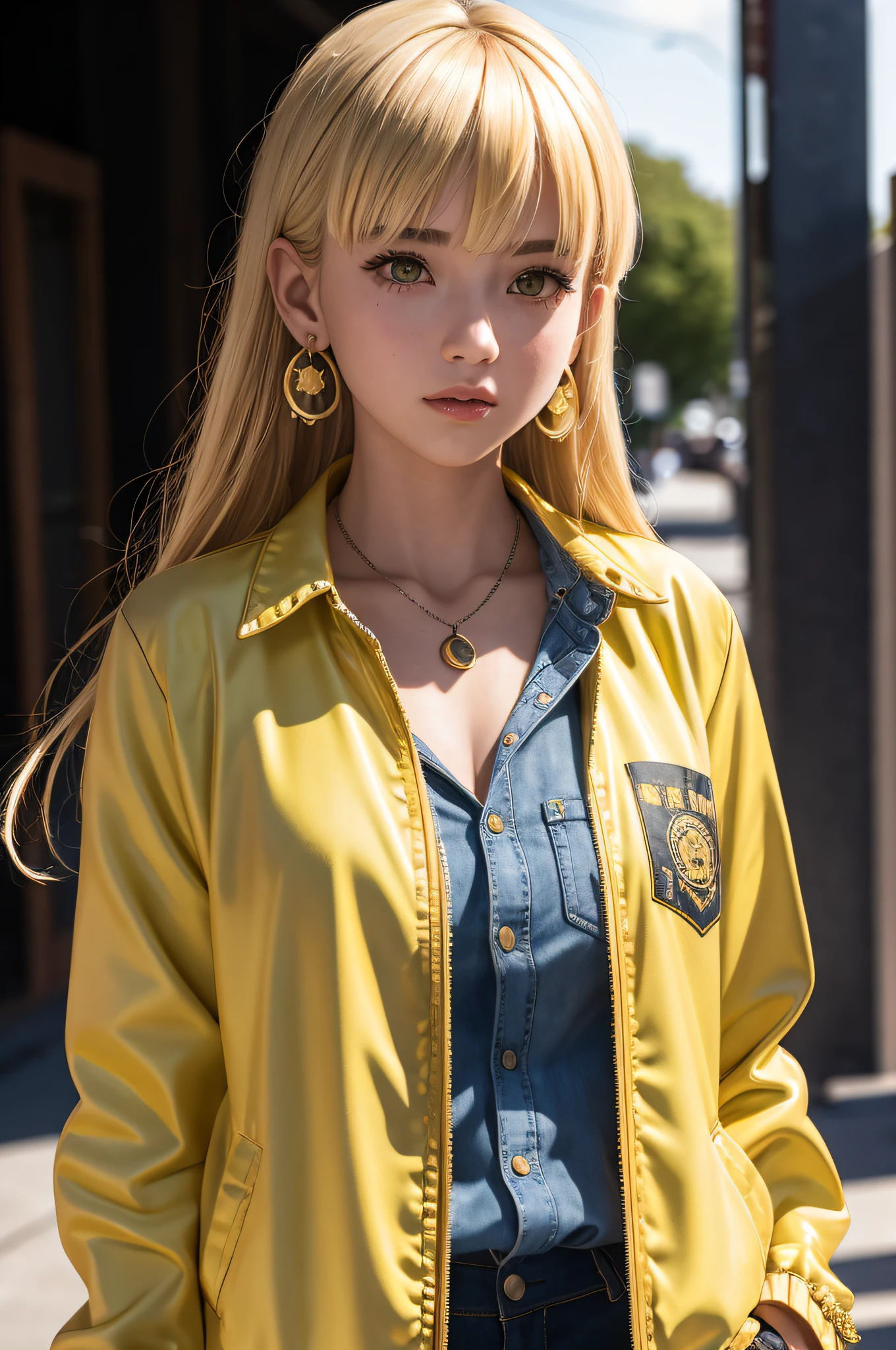 anime girl, 1girl, cute, bangs, blonde_hair, cowboy_shot, earrings, floral_print, jacket, jewelry, looking_at_viewer, necklace, shirt, Long_hair, shorts, solo, yellow_jacket, yellow_shirt, detail eyes, fantasy model, realistic, sharp details, intricate details, ultra-realistic,digitally enhanced,3d reference , 8k resolution, unapologetic grit, overexposure,sharp focus , UHD, 8K