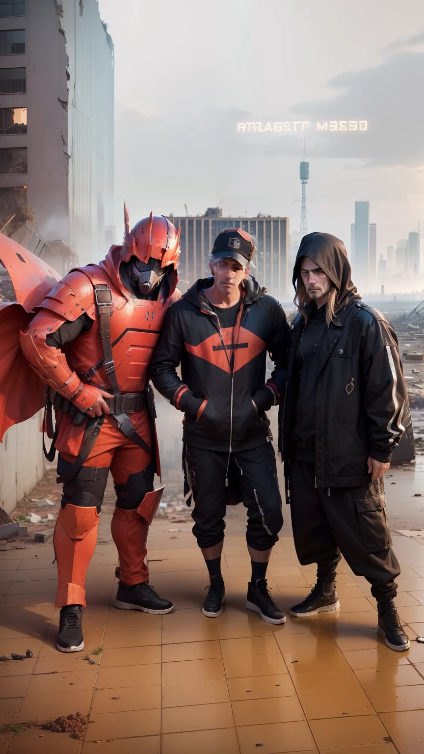 (high quality,4k,8k,highres,masterpiece:1.2),ultra-detailed,realistic,cosplay costumes,3 men,urban environment,destroyed city,background buildings,detailed,realistic,cosplay style,movie-like,crumbling cityscape