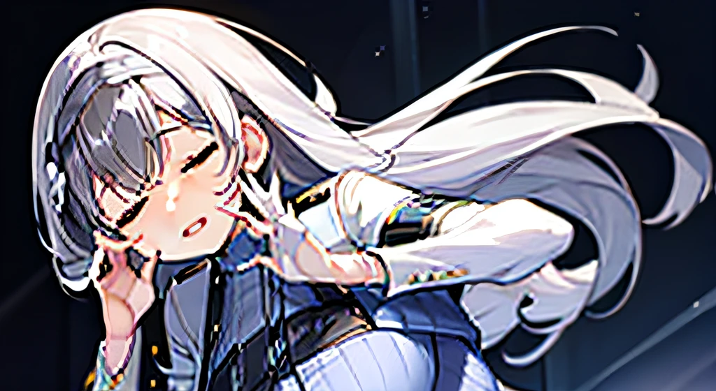 (((white long hair))), blue sweater, white jacket, cropped jacket, long sleeves, open clothes, ribbed sweater, armband, retrait