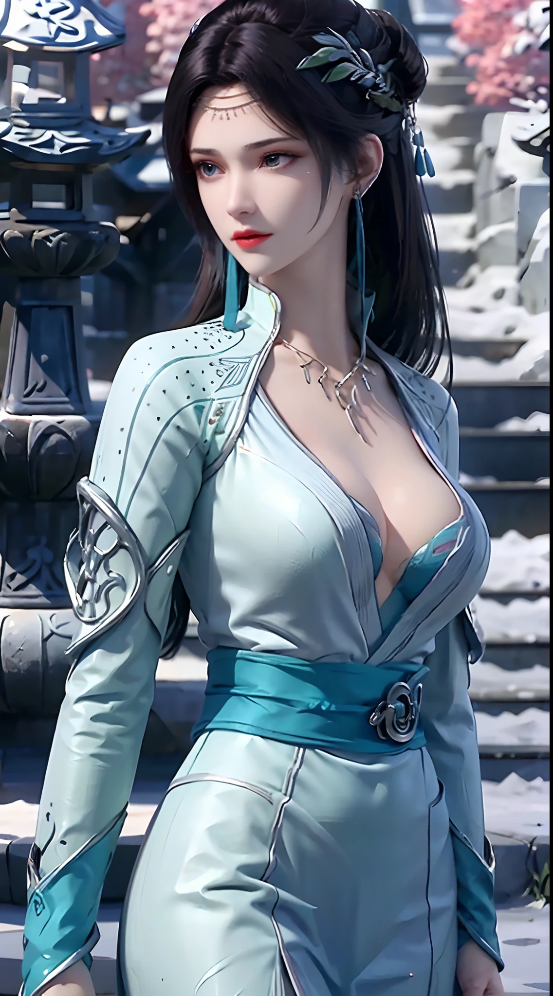 1 beautiful girl wearing a Hanfu dress, Thin blue silk shirt，There are many white patterns, White lace trim, Purple-black long ponytail, hair adornments, ear jewelry, necklace and necklace, Carefully drawn large blue eyes, meticulous makeup, Thin eyebrows, High nose, Nice red lips, no smile, pursed lips, rosycheeks, Enlarged breasts, Huge breasts, Well-proportioned breasts, Slim waist, Color mesh socks blue, Let go, chinese hanfu style, fictitious art textures, vivid and realistic colors, RAW photos, Realistic photos, ultra high quality 8k surreal photos, (Excellent lighting effects) Awesome: 1.8), 10x pixel, Magic effects (Background): 1.8), Super detailed eyes, Girl upper body, girl portrait, Girl Alone, Historical background of Hanfu,