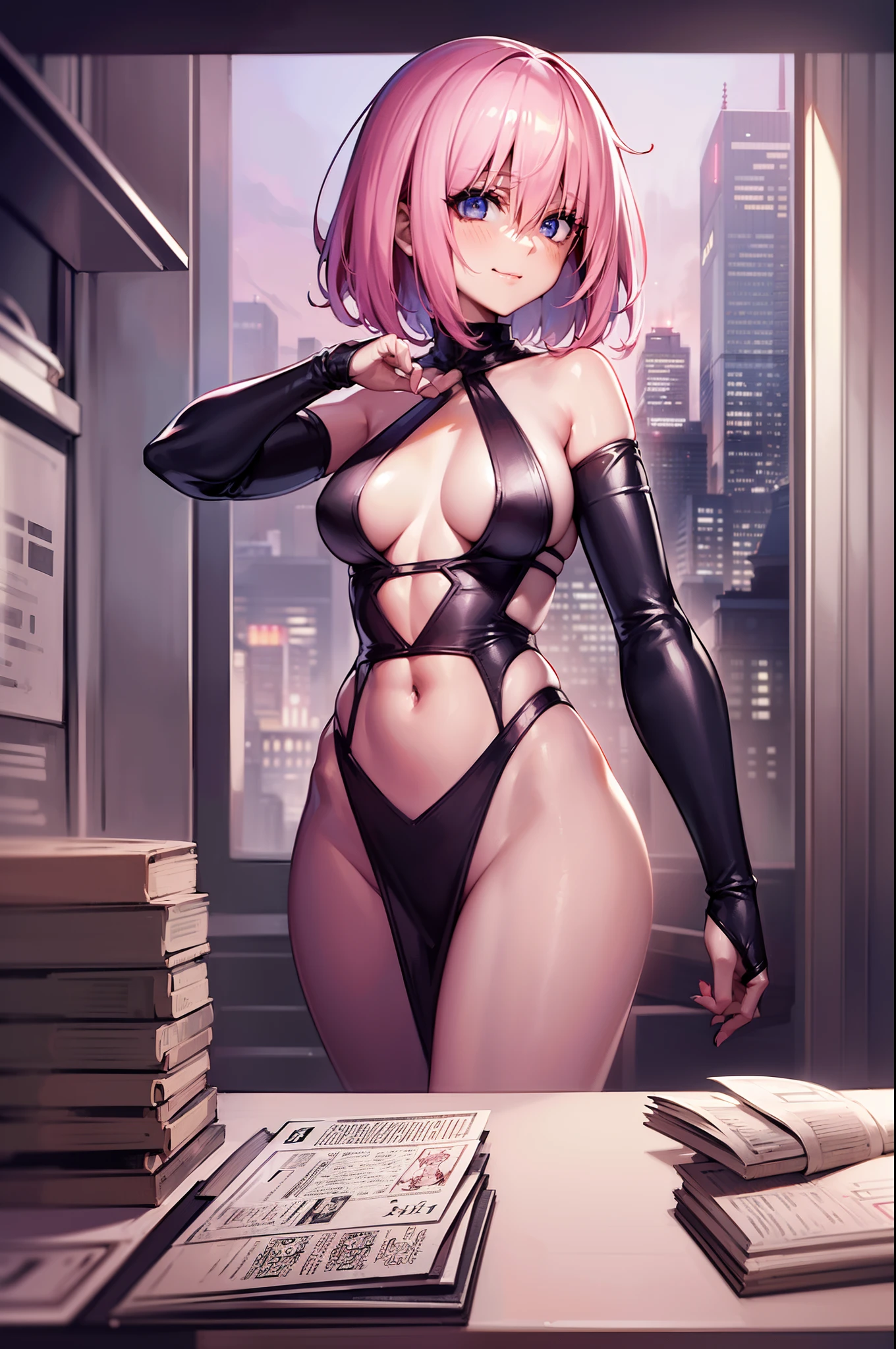 (((ninjartist))), ((Slender figure)), ((Naughty figure)), Pink hair color, short-hair, The highest image quality, hightquality, high detailing, 超A high resolution, 8K, depth of fields, Cinematography, intricate detailes, Elaborate, meticulous, Magnificent, Maximum Detail, Extreme beauty