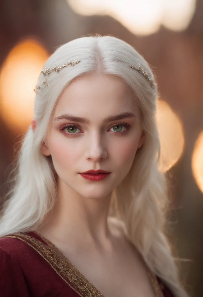 (((a deep reddish wound crosses her left cheek))) fair complexion, woman around 19 years old, natural white hair, distinctive green eyes, wearing kohl, slender and graceful, beautiful, candlelight in a medieval setting, ultra sharp focus, realistic shot, medieval female clothes, tetradic colors (scar:1.4)