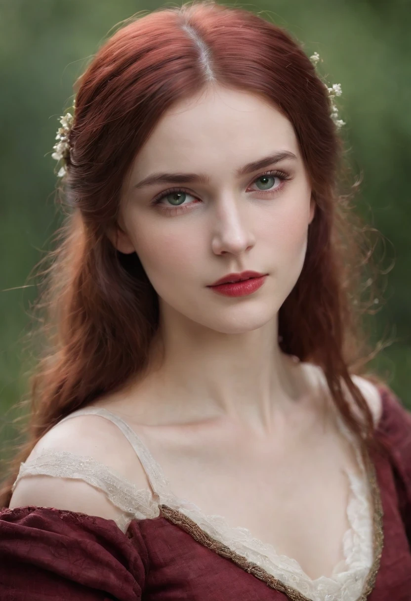 (((a deep reddish wound crosses her left cheek))) fair complexion, woman around 19 years old, natural white hair, distinctive green eyes, wearing kohl, slender and graceful, beautiful, candlelight in a medieval setting, ultra sharp focus, realistic shot, medieval female clothes, tetradic colors (scar:1.4)