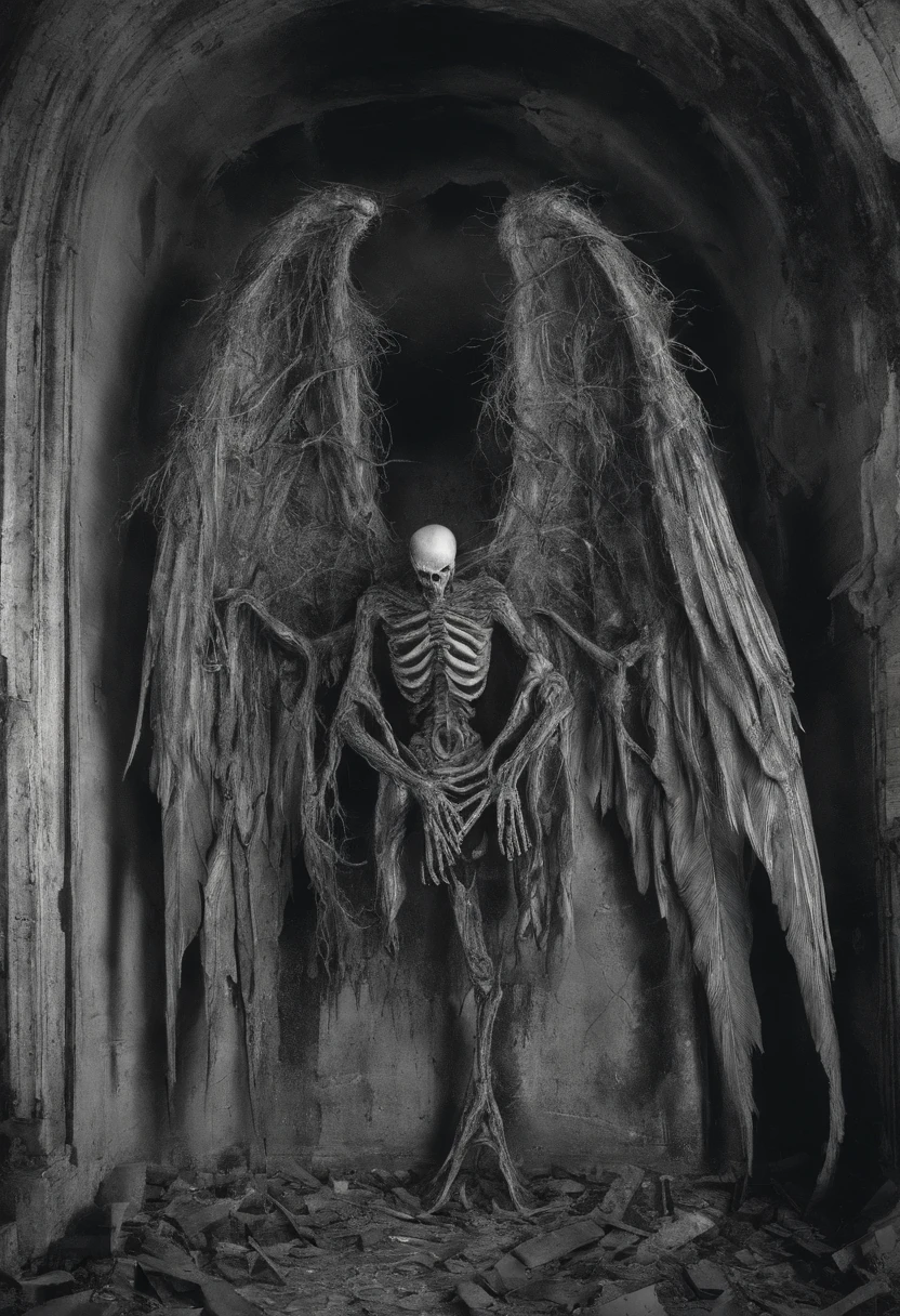 Decaying human body,The whole body is covered with sarcoma,A large eyeball grows on the chest,There are six angel wings on the back,Standing in ruins,above,frotting,sarcoma
