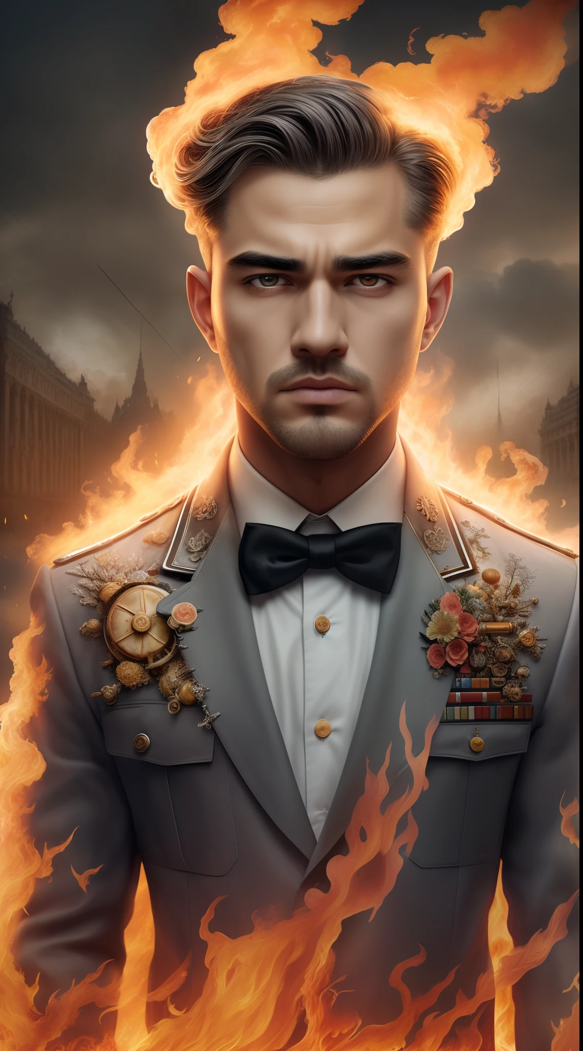 masterpiece,best quality, illustration,{beautiful detailed man},beautiful detailed glow,(flames of war:1.2),(nuclear explosion behide:1.3),rain,detailed lighting,detailed water,(beautiful detailed eyes:1.1),expressionless,palace,azure hair,disheveled hair,long bangs,hairs between eyes,(whitegrey dress:1.1),black ribbon,white bowties,midriff,big forhead,blank stare,flower,long sleeves