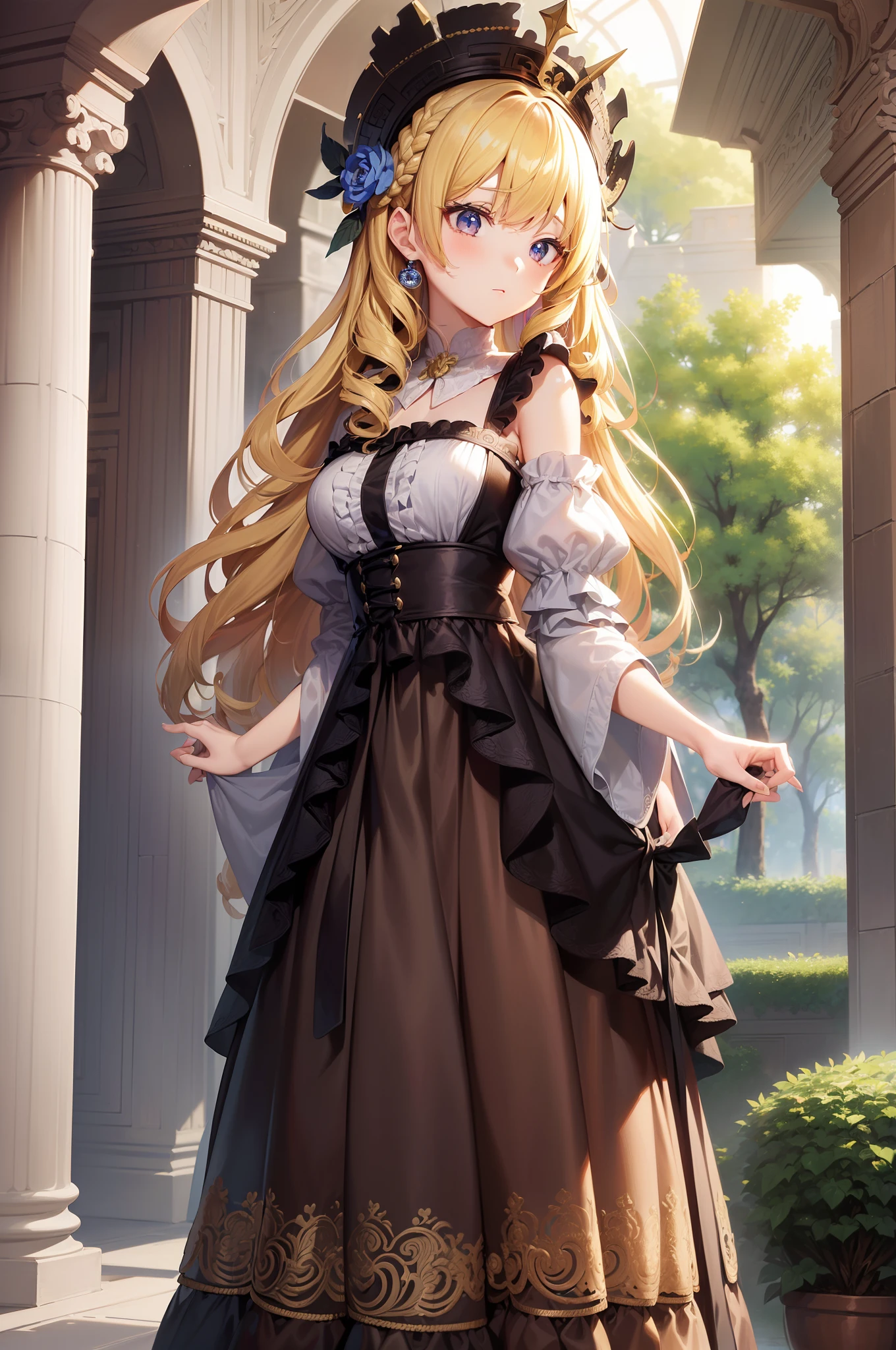 ((masutepiece)),(超A high resolution),(ultra-detailliert),Anime at its best,Intricate and detailed palace gardens:1.4, ((1人の女性),(Blonde hair with curls at the ends))