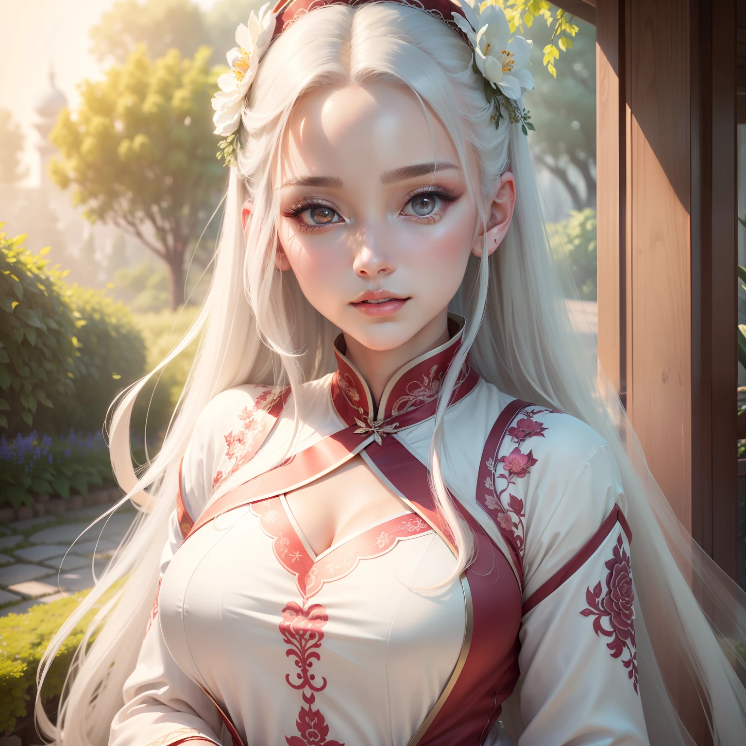 (best quality,highres,physically-based rendering:1.2),ultra-detailed,beautiful detailed eyes,beautiful detailed lips,extremely detailed eyes and face,long eyelashes,subtle blushing,graceful and elegant posture,serene garden background,soft natural lighting,flowing hair,delicate embroidery on the qipao,ethereal atmosphere,red irises,white hair