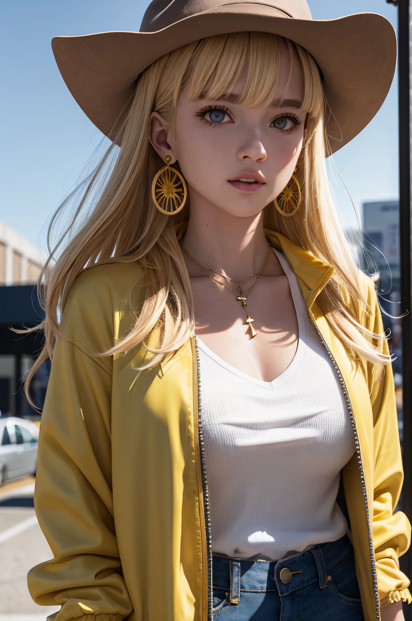 anime girl, 1girl, cute, bangs, blonde_hair, cowboy_shot, earrings, floral_print, jacket, jewelry, looking_at_viewer, necklace, shirt, Long_hair, shorts, solo, yellow_jacket, yellow_shirt, detail eyes, fantasy model, realistic, sharp details, intricate details, ultra-realistic,digitally enhanced,3d reference , 8k resolution, unapologetic grit, overexposure,sharp focus , UHD, 8K