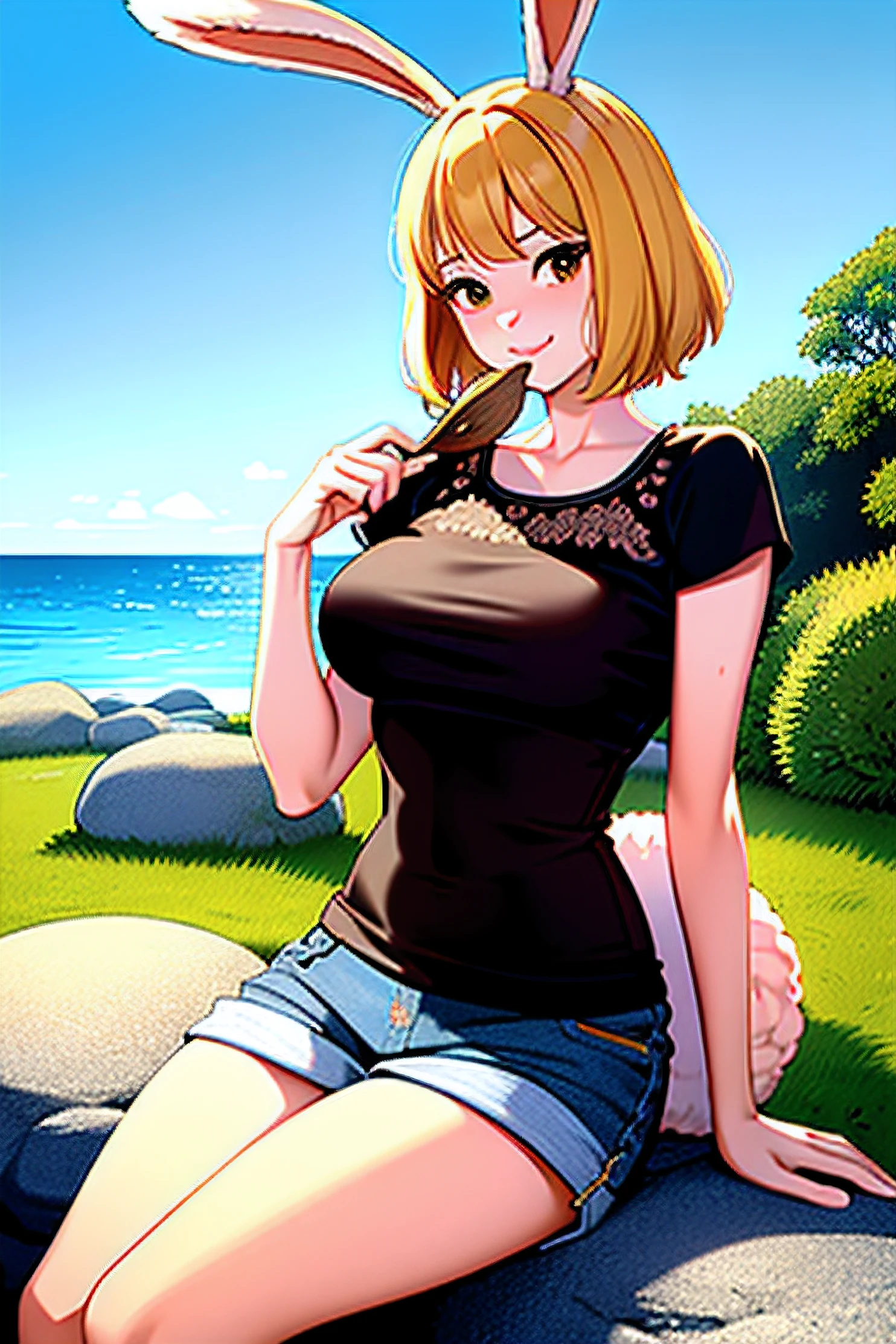 (ultra detailed background, delicate pattern, intricate detail, highly detailed, fine details), best quality,((medium breasts, slim girl,  close-up, portrait)), CarrotChan, 1girl, solo, blonde hair, animal ears, rabbit ears, rabbit girl, furry female, furry, short hair, smile, rabbit tail, jeans, t-shirt, round neck, sitting, bench, outdoors, , brown eyes, ((slim girl, medium breasts, animal nose)), ((complex detailed background, blue sky, grass, trees, rocks, ocean, nature environment, cowboy shot)),