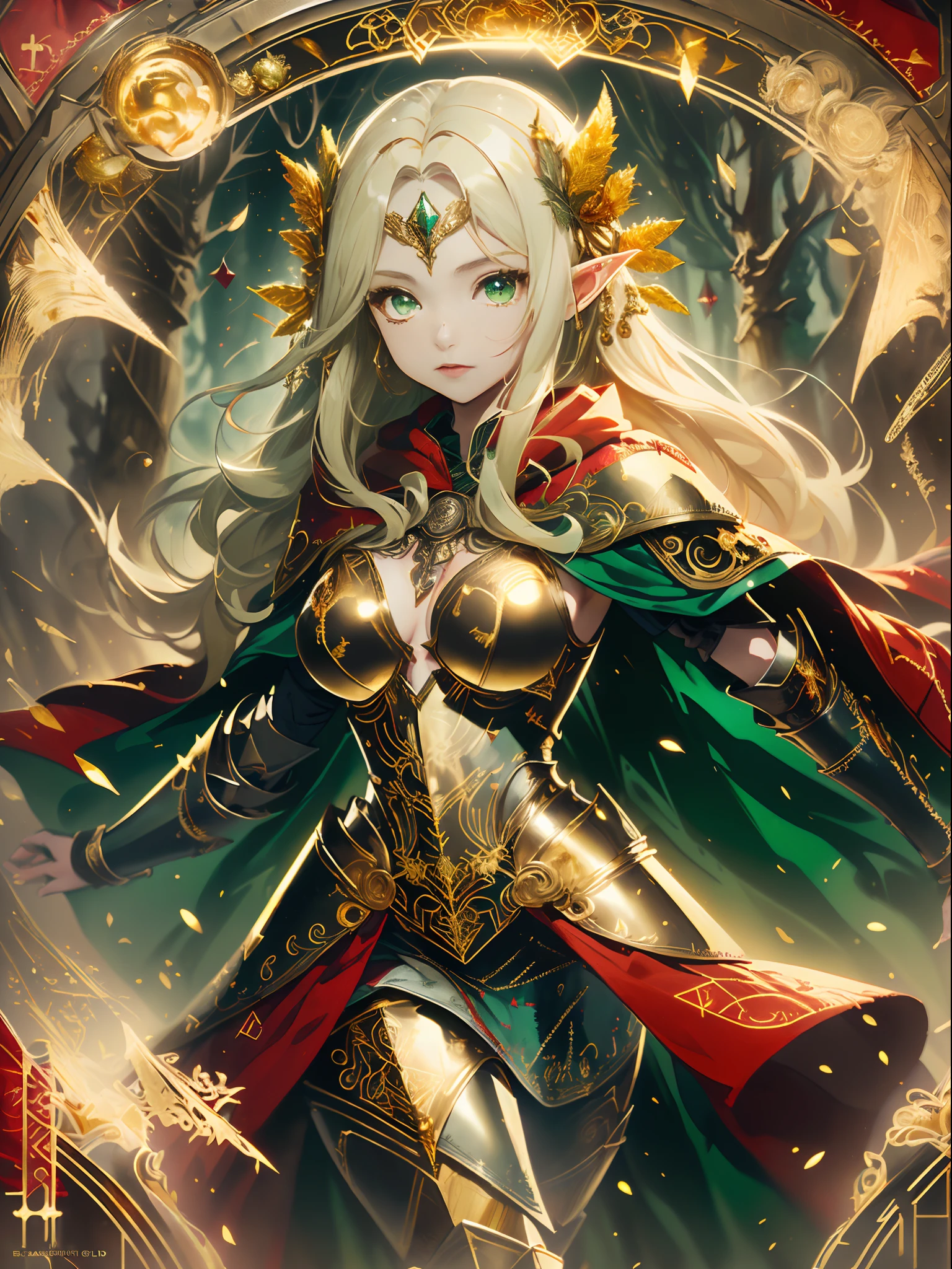 (((Masterpiece, highest quality, high definition, high detail)))), ((((Fantasy)))), one, (Elf woman)))), (short white skirt embroidered with gold), (Blonde long straight hair), (Fine dark green eyes)))), (red cloak armor with gold embroidery:1.8)), Big, (Strong wind), (Cast spells)), (A lot of glowing grains are flying), ((( A vortex of light gathers in the hand))), (((Magic circle of light densely drawn with geometric patterns and magic letters in the background))), ((Many glowing green arrows are released)), forest, magic circle reflected in cloak