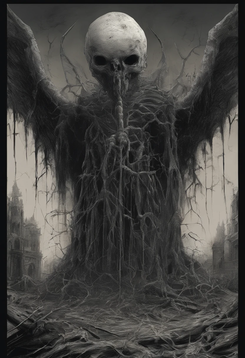 Decaying human body，The whole body is covered with sarcoma，A large eyeball grows on the chest，There are six angel wings on the back，Standing in ruins，above，frotting，sarcoma，Densely packed eyeballs