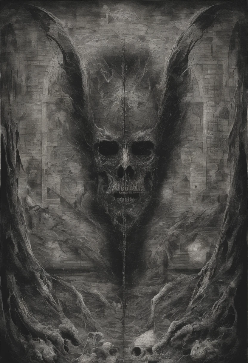 Decaying human body,The whole body is covered with sarcoma,A large eyeball grows on the chest,There are six angel wings on the back,Standing in ruins,above,frotting,sarcoma,Densely packed eyeballs