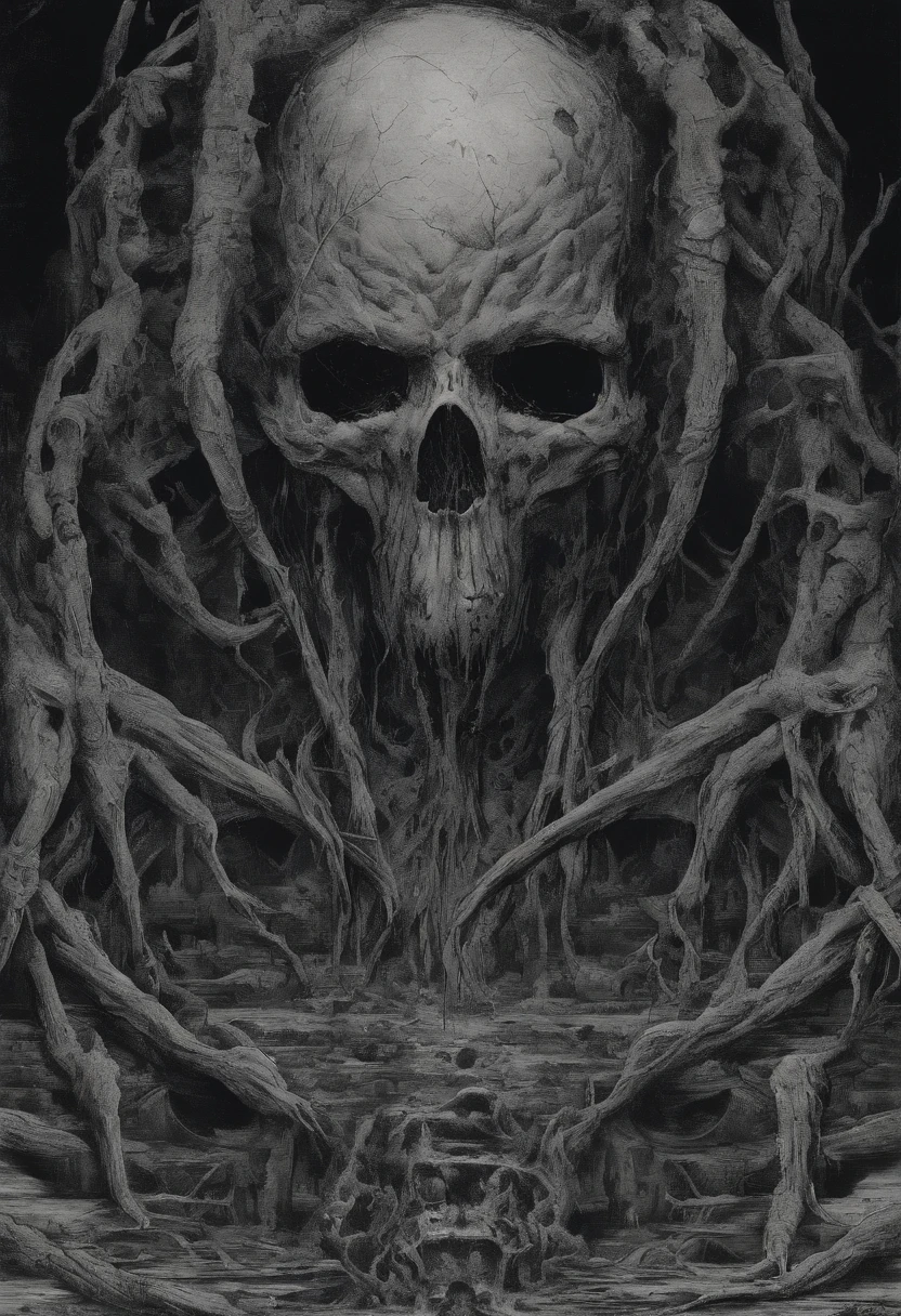Decaying human body,The whole body is covered with sarcoma,A large eyeball grows on the chest,There are six angel wings on the back,Standing in ruins,above,frotting,sarcoma,Densely packed eyeballs
