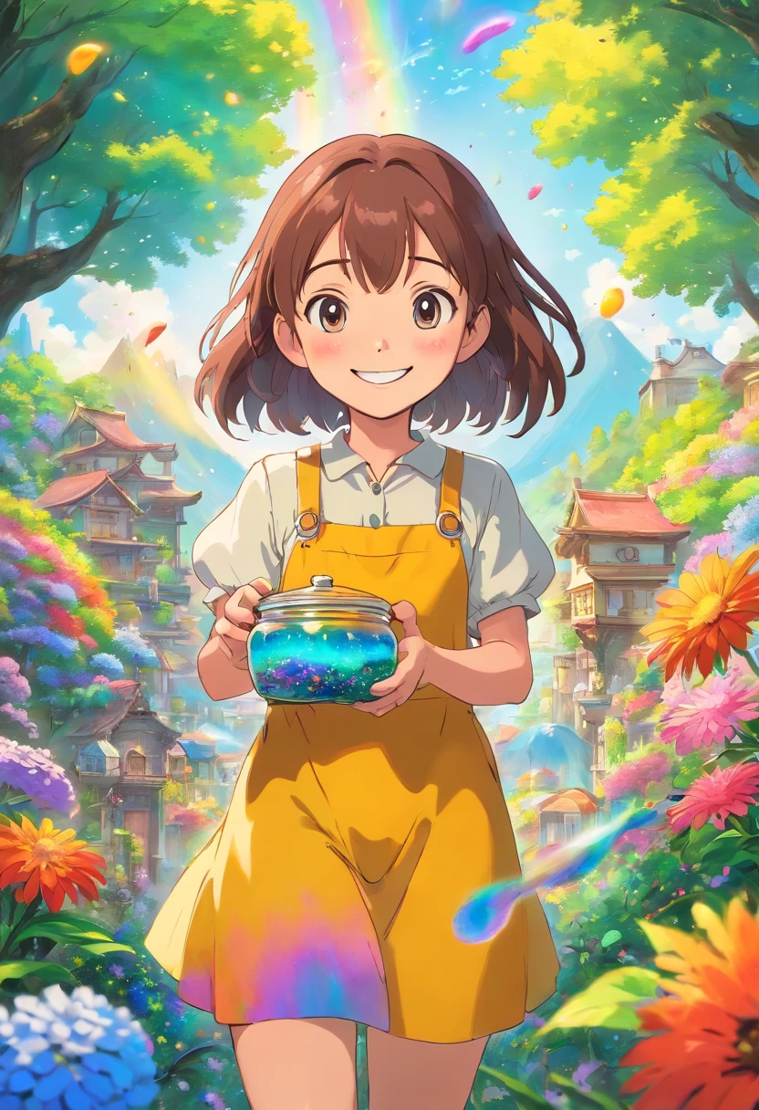 A girl standing with a beaming smile on her face, holding the jar of magic paint in her hands. It is surrounded by a magical and colorful environment, with colorful flowers, vibrant trees and a sky full of rainbows. 4k resolution