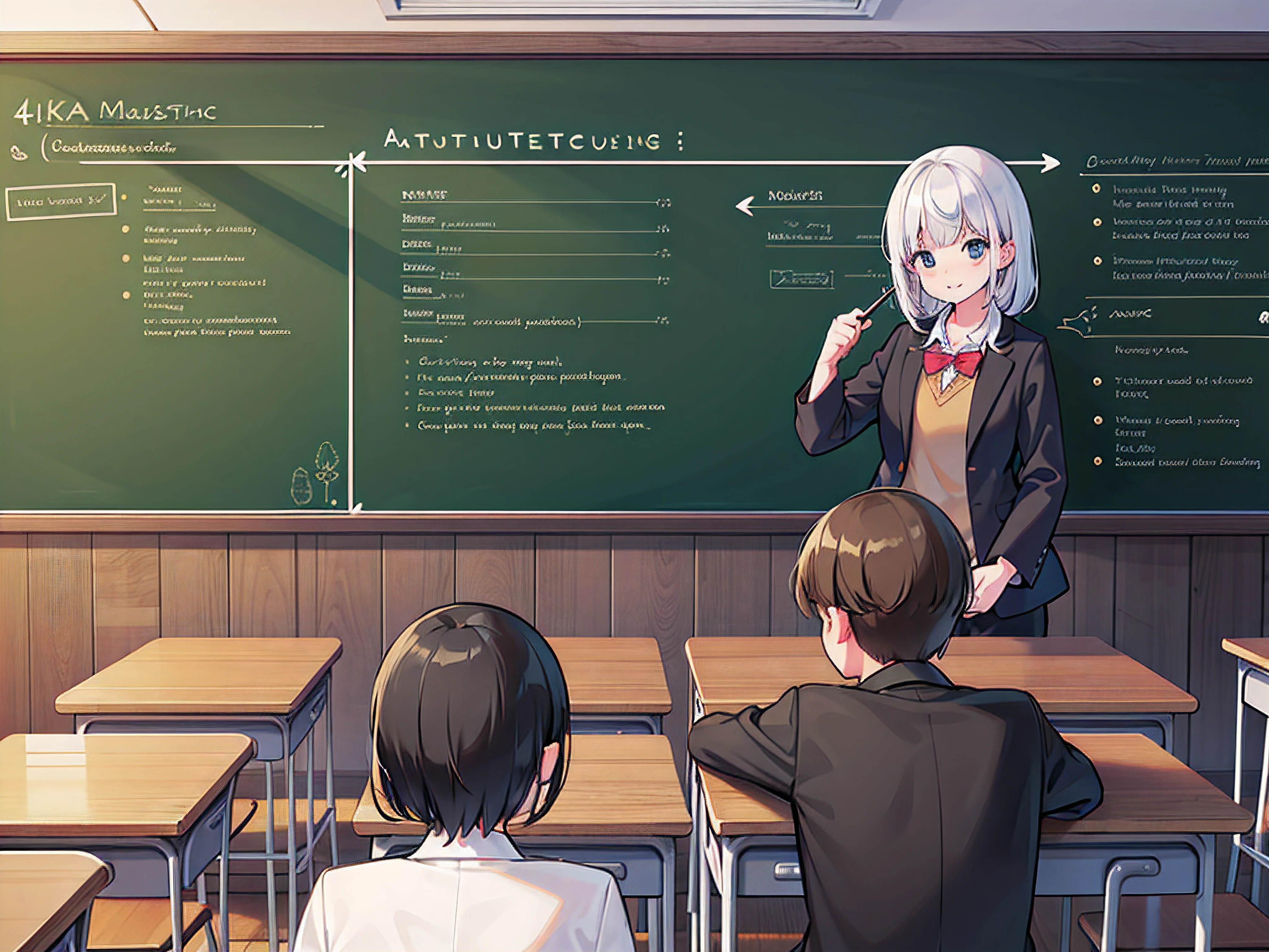 (best quality,4k,8k,highres,masterpiece:1.2), ultra-detailed, (realistic,photorealistic,photo-realistic:1.37), teacher giving a lesson in a vibrant classroom, attentive students, engaging teaching methods, chalkboard filled with handwritten notes, interactive learning environment, natural lighting, warm color tones, educational atmosphere, visible excitement and curiosity in the students' faces, collaborative group work, a mix of desks and tables, educational materials neatly organized, warm and inviting classroom setting, positive and encouraging teacher-student interaction, diverse group of students, inspirational quotes displayed on the walls, expressive body language of the teacher, educational technology integrated into the lessons, thought-provoking discussions, dynamic and engaging teaching style, focus on individual student progress, authentic assessment methods, inspiring and creative educational journey.