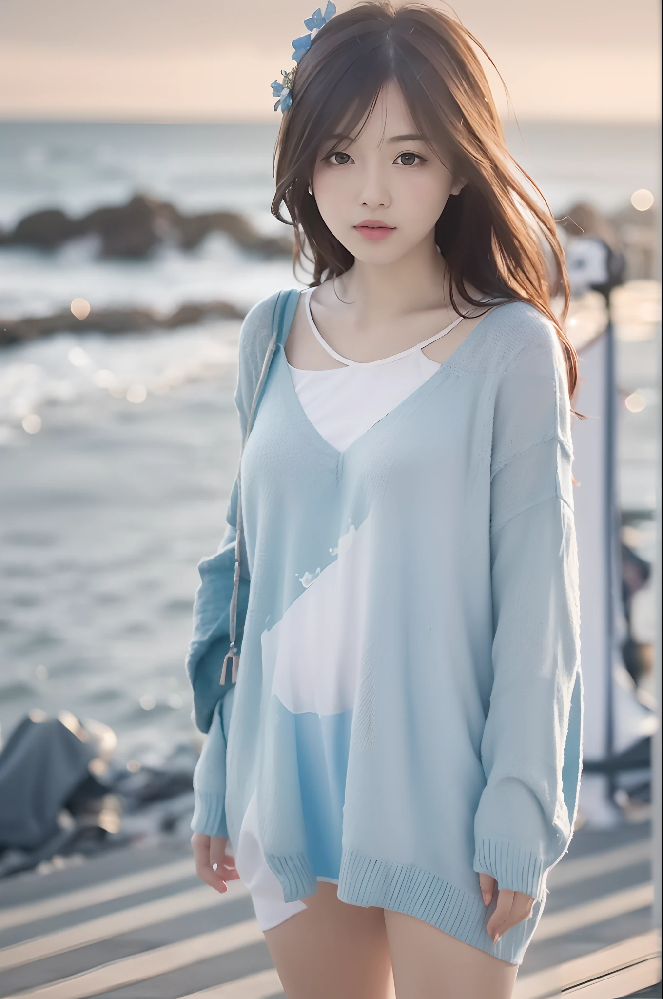 (Magical and beautiful sky blue stream overlay pattern costume detail depiction), Soft lighting, Clean background, Beautiful sky scenery, Masterpiece, High quality, Beautiful graphics, High detail,woman,beachside, Sharp focus,Extend the framework, Inspiring 16K wallpapers,