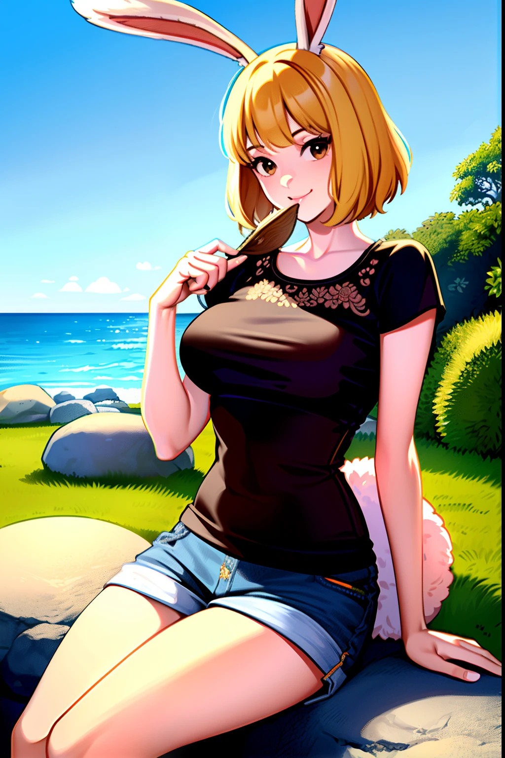 (ultra detailed background, delicate pattern, intricate detail, highly detailed, fine details), best quality,((medium breasts, slim girl,  close-up, portrait)), CarrotChan, 1girl, solo, blonde hair, animal ears, rabbit ears, rabbit girl, furry female, furry, short hair, smile, rabbit tail, jeans, t-shirt, round neck, sitting, bench, outdoors, , brown eyes, ((slim girl, medium breasts, animal nose)), ((complex detailed background, blue sky, grass, trees, rocks, ocean, nature environment, cowboy shot)),