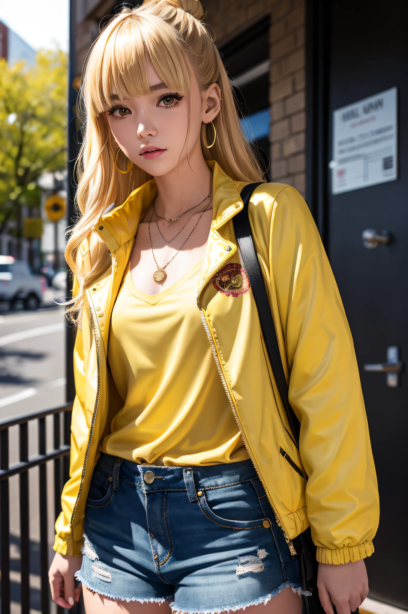 anime girl, 1girl, cute, bangs, blonde_hair, cowboy_shot, earrings, floral_print, jacket, jewelry, looking_at_viewer, necklace, shirt, Long_hair, shorts, solo, yellow_jacket, yellow_shirt, detail eyes, fantasy model, realistic, sharp details, intricate details, ultra-realistic,digitally enhanced,3d reference , 8k resolution, unapologetic grit, overexposure,sharp focus , UHD, 8K