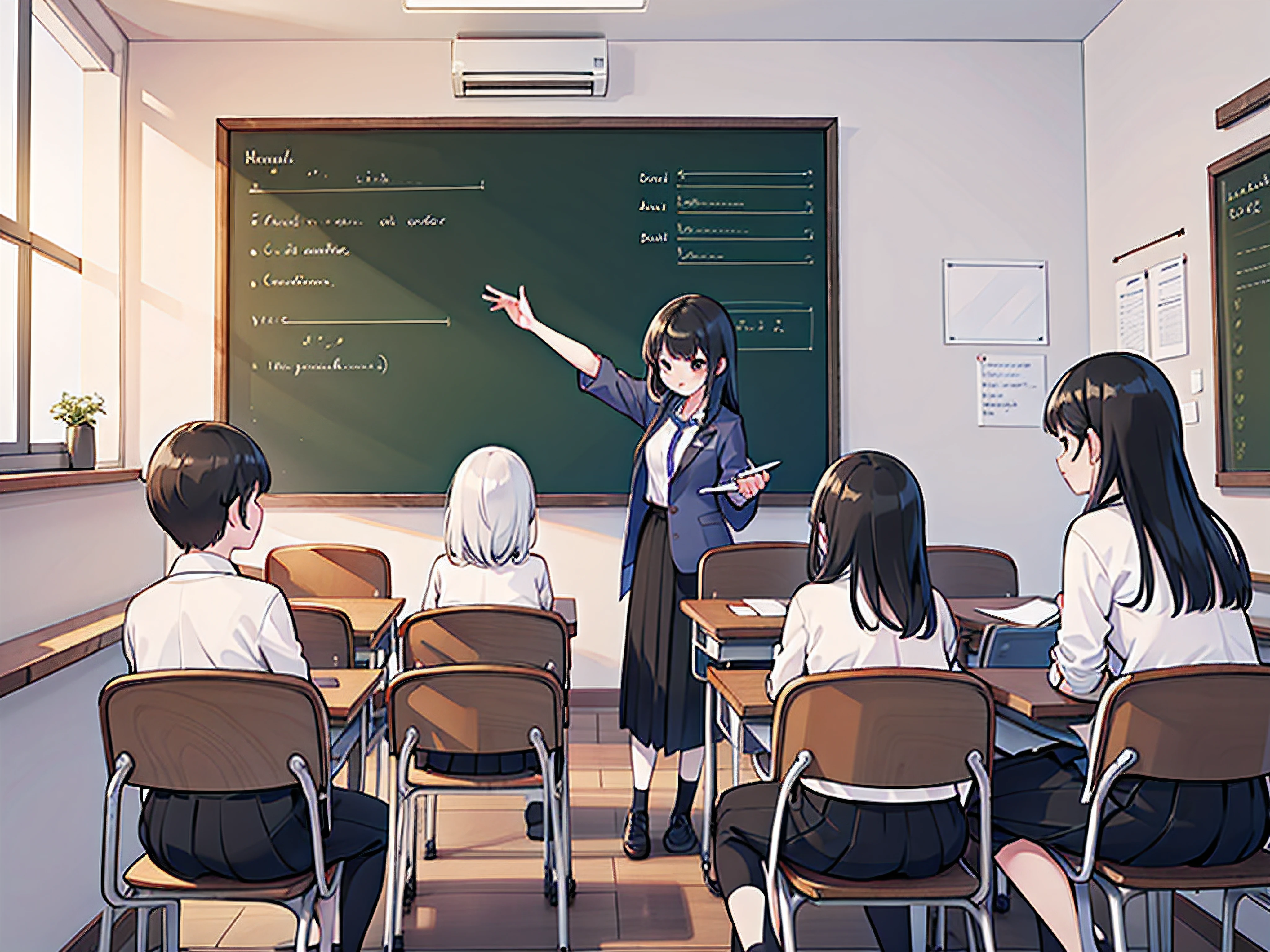 (best quality,4k,8k,highres,masterpiece:1.2), ultra-detailed, (realistic,photorealistic,photo-realistic:1.37), teacher giving a lesson in a vibrant classroom, attentive students, engaging teaching methods, chalkboard filled with handwritten notes, interactive learning environment, natural lighting, warm color tones, educational atmosphere, visible excitement and curiosity in the students' faces, collaborative group work, a mix of desks and tables, educational materials neatly organized, warm and inviting classroom setting, positive and encouraging teacher-student interaction, diverse group of students, inspirational quotes displayed on the walls, expressive body language of the teacher, educational technology integrated into the lessons, thought-provoking discussions, dynamic and engaging teaching style, focus on individual student progress, authentic assessment methods, inspiring and creative educational journey.