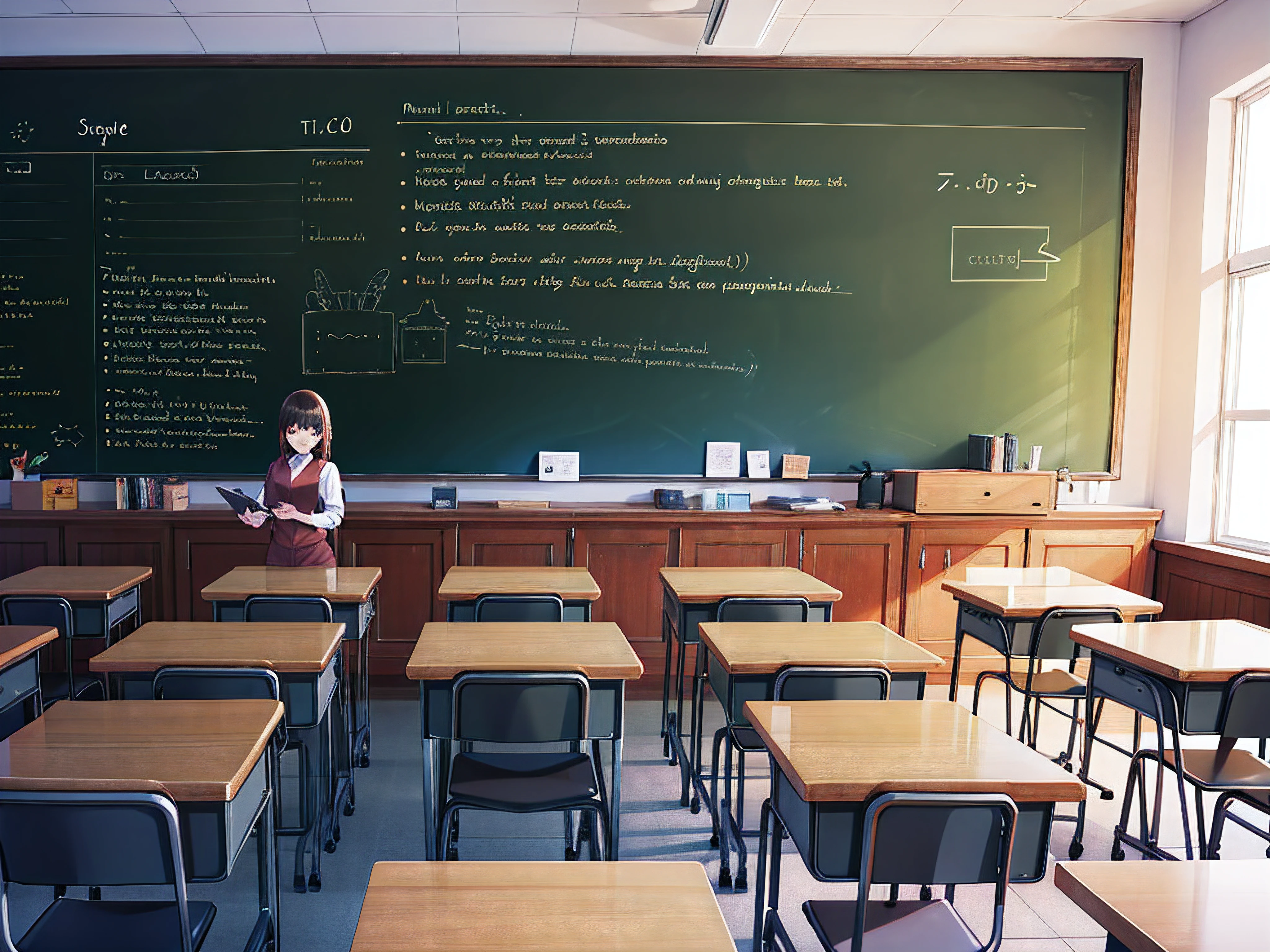 (best quality,4k,8k,highres,masterpiece:1.2), ultra-detailed, (realistic,photorealistic,photo-realistic:1.37), teacher giving a lesson in a vibrant classroom, attentive students, engaging teaching methods, chalkboard filled with handwritten notes, interactive learning environment, natural lighting, warm color tones, educational atmosphere, visible excitement and curiosity in the students' faces, collaborative group work, a mix of desks and tables, educational materials neatly organized, warm and inviting classroom setting, positive and encouraging teacher-student interaction, diverse group of students, inspirational quotes displayed on the walls, expressive body language of the teacher, educational technology integrated into the lessons, thought-provoking discussions, dynamic and engaging teaching style, focus on individual student progress, authentic assessment methods, inspiring and creative educational journey.