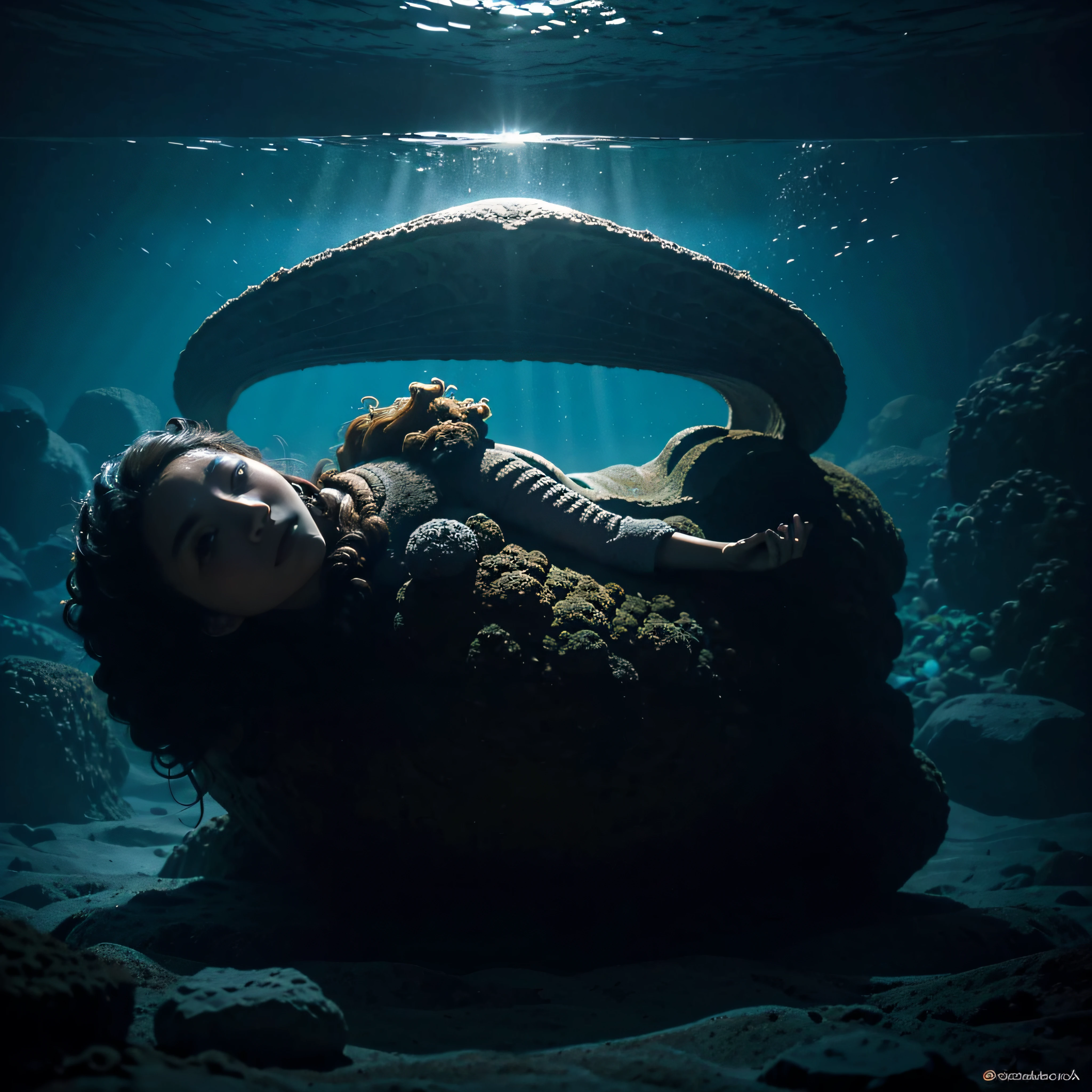 (extremadamente detallado, obra maestra, La mejor calidad, Under the Ocean), Estilo oscuro, volumetric illumination. textura de babosa, piel de caracol. ahogados flotando de fondo. Rococo composition.