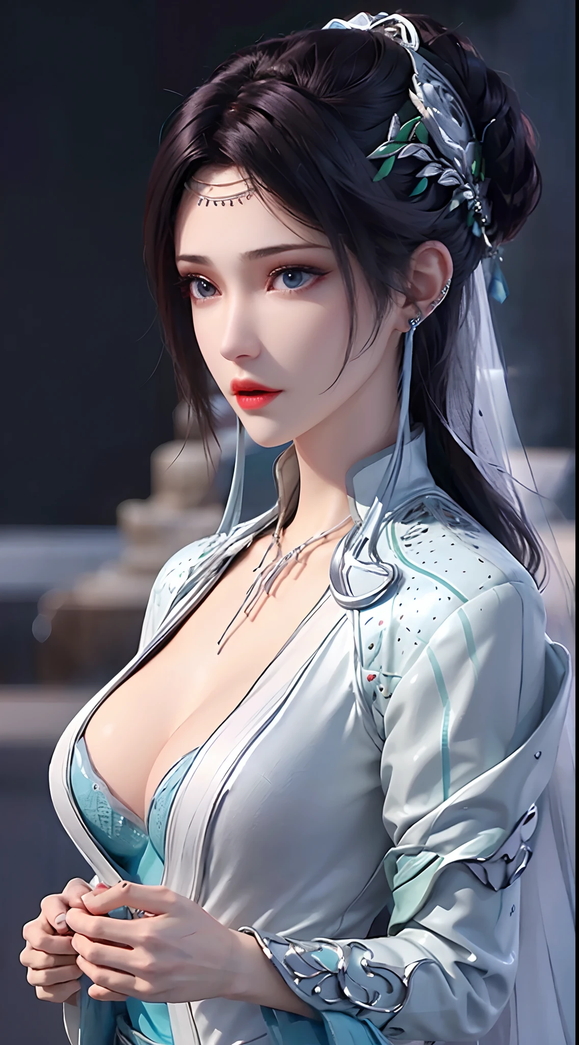 1 beautiful girl wearing a Hanfu dress, Thin blue silk shirt,There are many white patterns, White lace trim, Purple-black long ponytail, hair adornments, ear jewelry, necklace and necklace, Carefully drawn large blue eyes, meticulous makeup, Thin eyebrows, High nose, Nice red lips, no smile, pursed lips, rosycheeks, Enlarged breasts, Huge breasts, Well-proportioned breasts, Slim waist, Color mesh socks blue, Let go, chinese hanfu style, fictitious art textures, vivid and realistic colors, RAW photos, Realistic photos, ultra high quality 8k surreal photos, (Excellent lighting effects) Awesome: 1.8), 10x pixel, Magic effects (Background): 1.8), Super detailed eyes, Girl upper body, girl portrait, Girl Alone, Historical background of Hanfu,