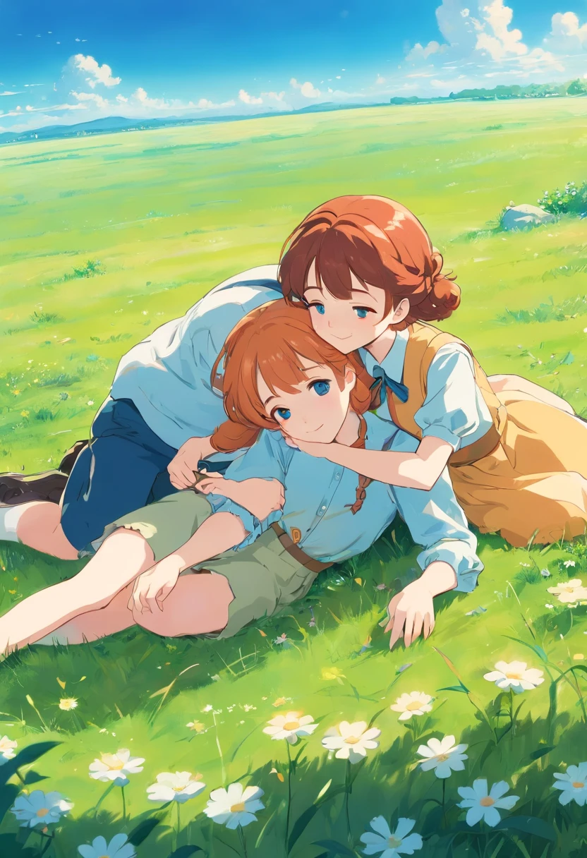 Retro Anne Shirley and Gilbert Blythe lying on the grass with background blue sky, hd, daylight, in a digital illustration style reminiscent of classic book covers. The image showcases their tender moment, with Anne blushing and Gilbert looking adoringly at her. The color palette features soft pastels to convey a dreamy, romantic mood