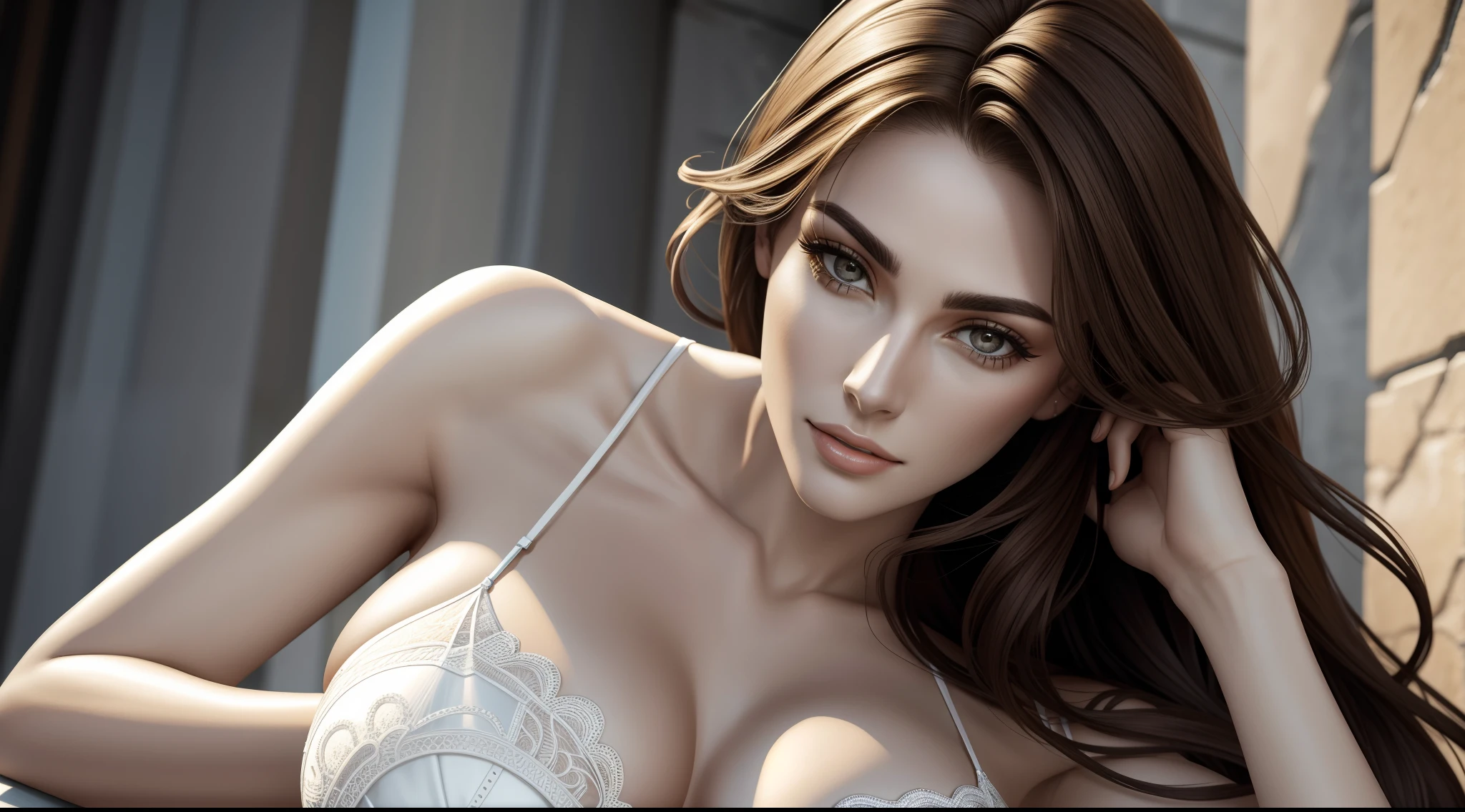 Realistic lighting, Top Quority, 8K Resolution, (masterpiece: 1.3), (Clear focus: 1.2),1 Beautiful girl, delicate face, big double eyelids, Sexy expression , Perfect body anatomy, (perfect body: 1.6), (big breasts 1.7) ), long and dark brown hair, (best breasts: 1.8), sexy evening gown fashion, exterior, 1080p, hyper HD, smooth white skin, skin texture, super detailed, best quality, high detail, highest quality.