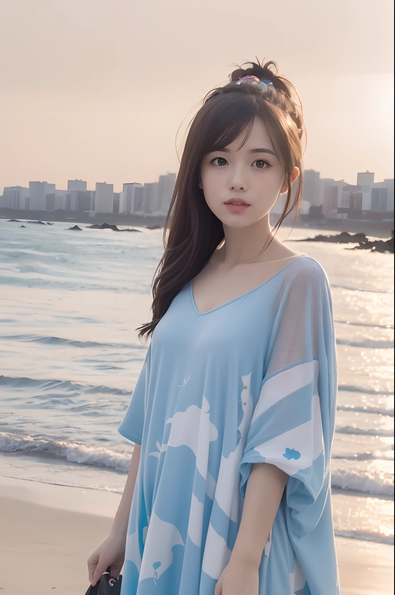 (Magical and beautiful sky blue stream overlay pattern costume detail depiction), Soft lighting, Clean background, Beautiful sky scenery, Masterpiece, High quality, Beautiful graphics, High detail,woman，beachside, Sharp focus，Extend the framework, Inspiring 16K wallpapers,