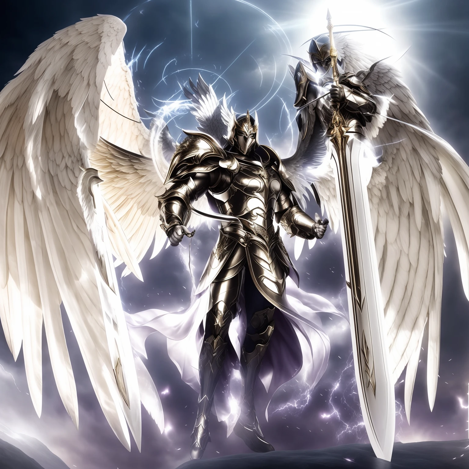 Un primer plano de una persona con una espada y alas, archangel, por Yang J, angel in plastic armor, epic angel wings, Armor angle with wing, the angel of death, The Angel of Death with a halo, full - body majestic angel, Angel of Death, angelical, Hermoso dios masculino de la muerte, Angels and demons, archangel michael, angelicalal