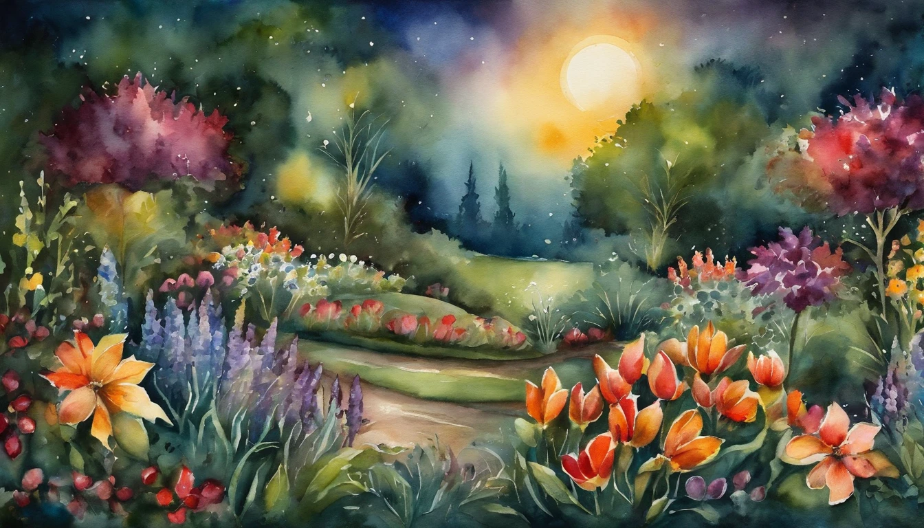Moonlit Garden, Magical Effect, high detailed, flowers in the garden, high resolution