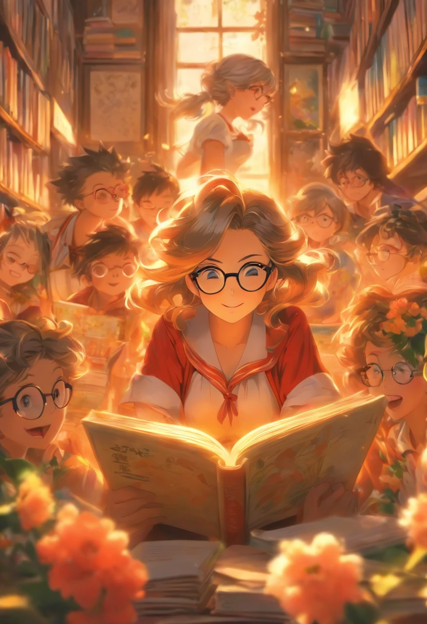 Quality first,masterpiece in detail,Middle-aged woman wearing glasses,sportrait,closeup cleavage,Several cute kids reading a book,in class room,fresh flowers,Rich in color