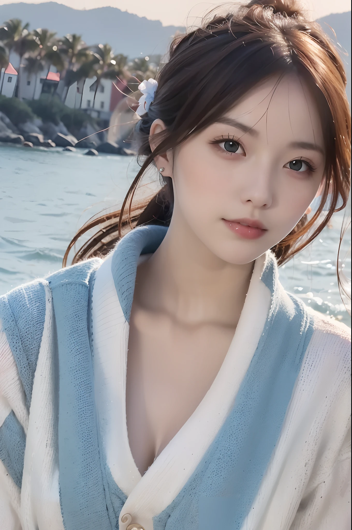 (Magical and beautiful sky blue stream overlay pattern costume detail depiction), Soft lighting, Clean background, Beautiful sky scenery, Masterpiece, High quality, Beautiful graphics, High detail,woman,beachside, Sharp focus,Extend the framework, Inspiring 16K wallpapers,