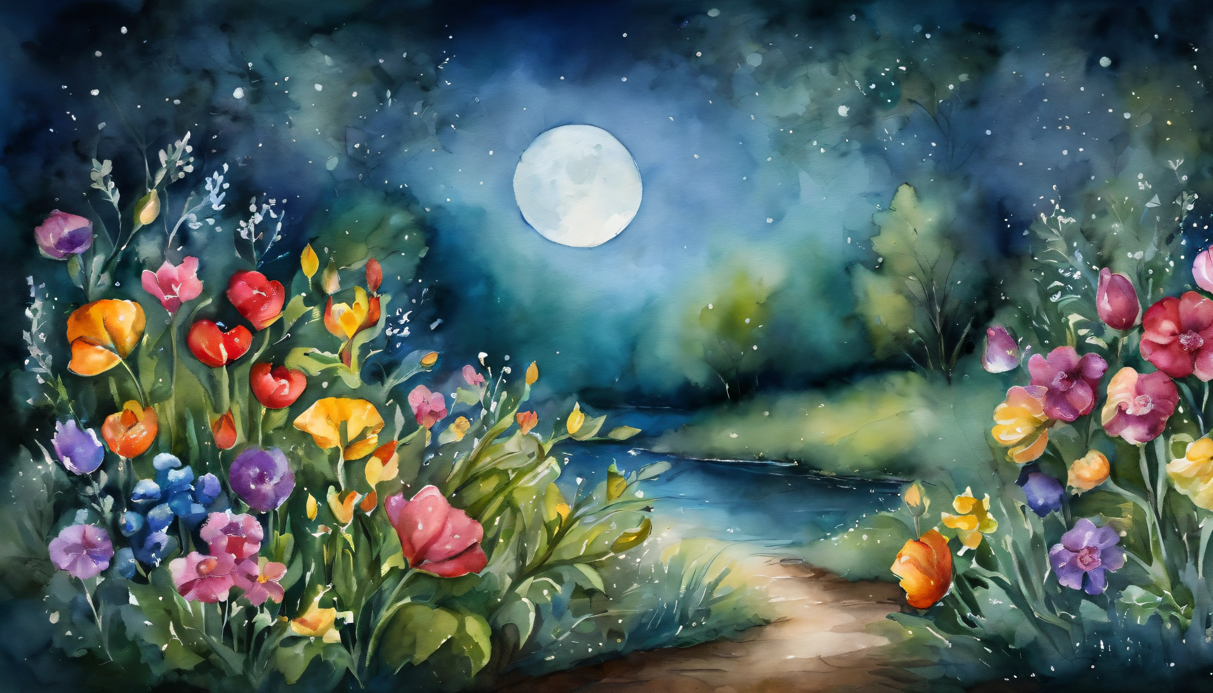 Moonlit Garden, Magical Effect, high detailed, flowers in the garden, high resolution