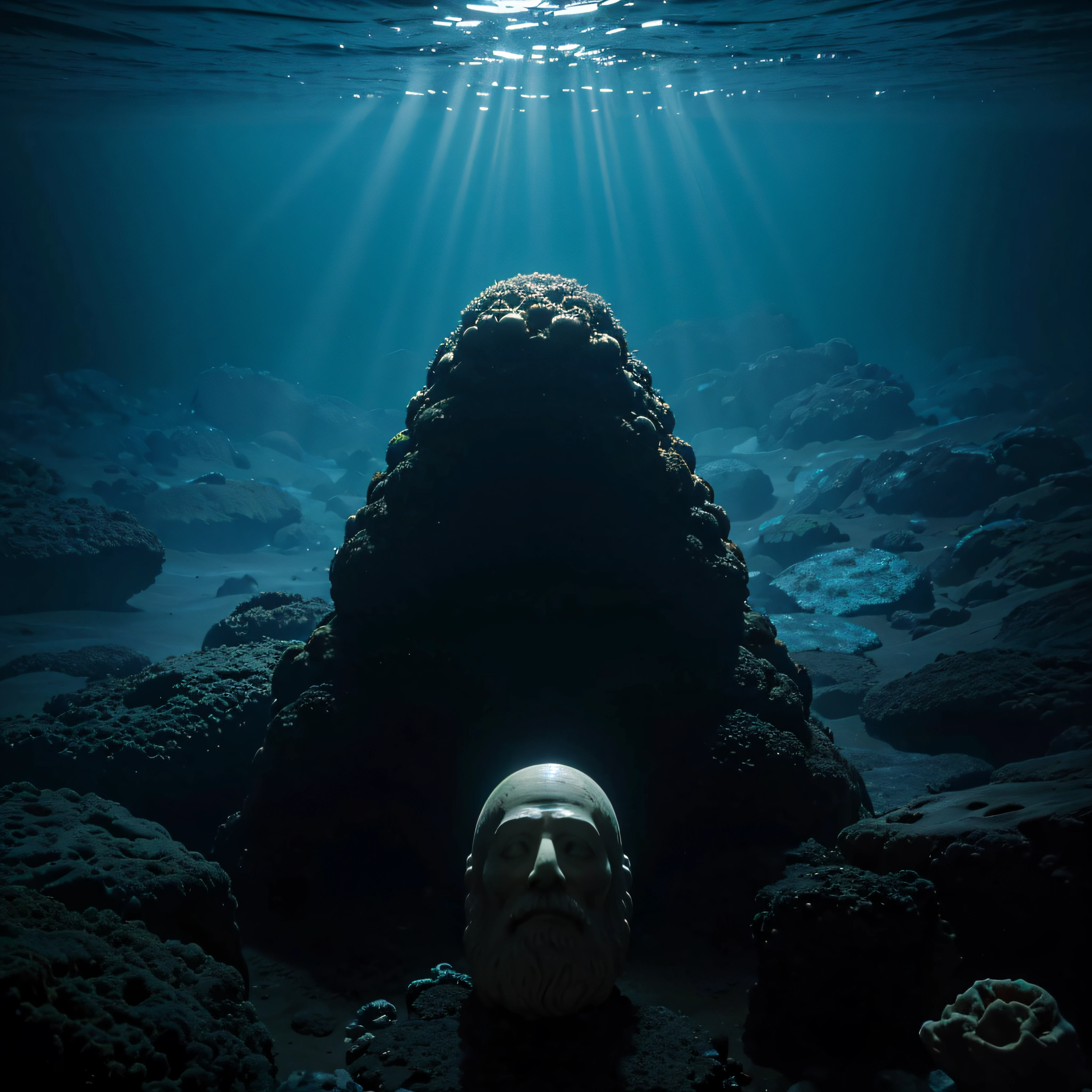 (extremadamente detallado, obra maestra, La mejor calidad, Under the Ocean), Estilo oscuro, volumetric illumination. textura de babosa, piel de caracol. ahogados flotando de fondo. Rococo composition.