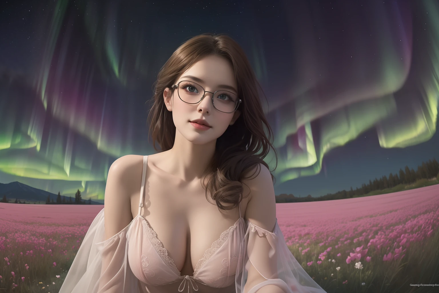 best quality, ultra high res, (photorealistic:1.35), masterpiece, photo shoot of beauty girl, solo, fisheye. Wearing negligee, using glasses, cleavage, medium breasts, highly detail, cute round face, drills, facing viewer, sitting, blush, closed mouth. Realistic proportions, outdoors, swirls of magic, floating_flower_petals, field of flowers, "(midnight mood, night time set, aurora, stars night)". High detail, sharp focus, dramatic, photorealistic, painting art by midjourney and greg rutkowski, highly background detailed, realistic background detailed.