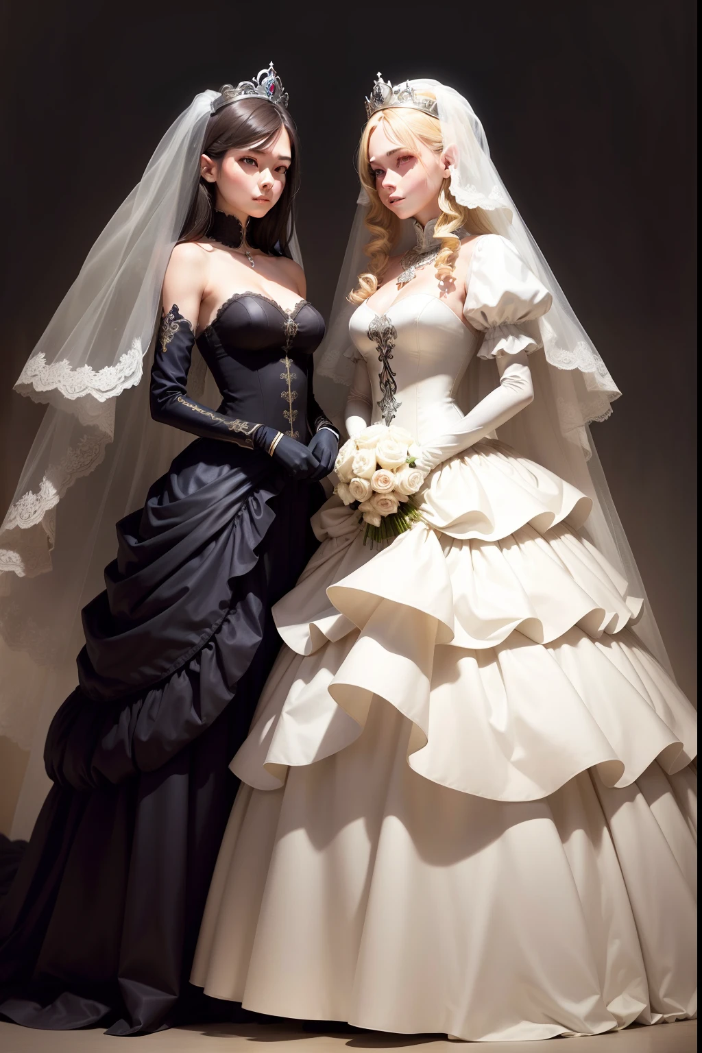 two girl, lesbian, wedding dress, long glove, crown, full-body