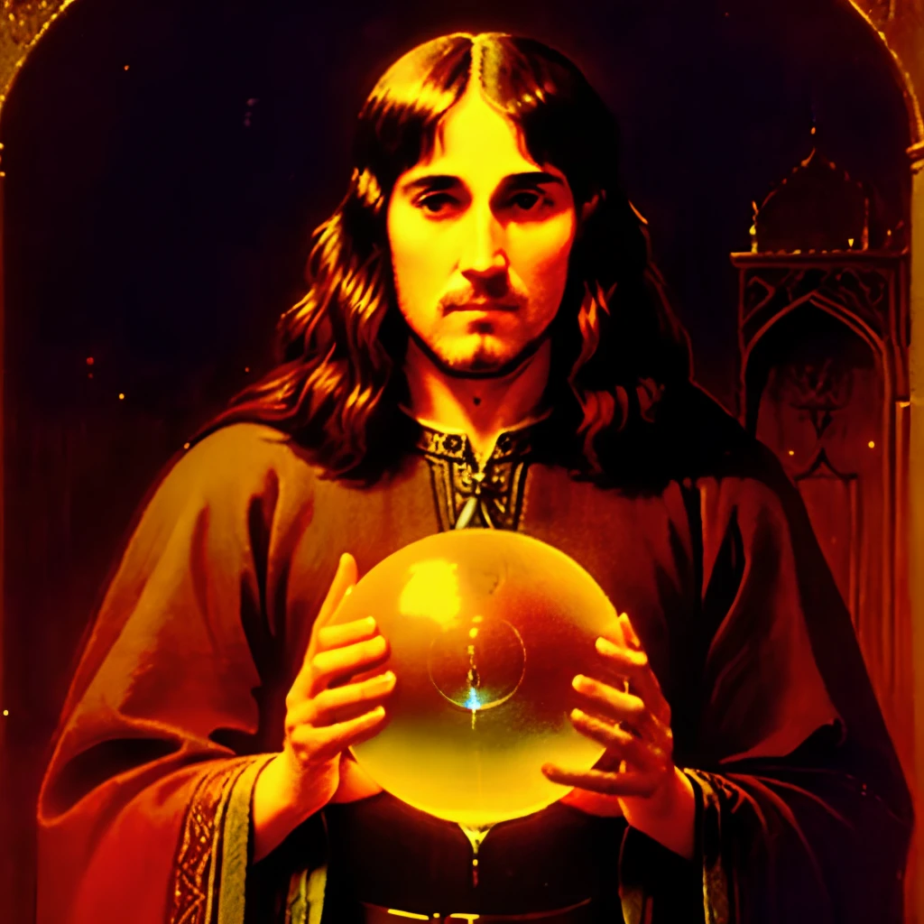 There is a man with a swollen face holding a crystal ball, fantasia medieval