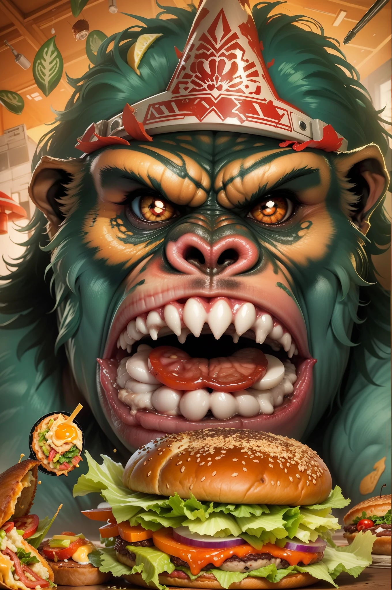 Gorilla with vector illustration of a gorilla wearing a sombrero (Mexican hat) with its mouth wide open, an angry expression while devouring a Mexican sandwich called a "torta" with delicious juices spilling out. The gorilla should be the focal point of the illustration. It should be detailed, with expressive eyes and an angry facial expression. The sombrero should be well-defined and fit the gorilla's head naturally, Torta: The torta should be mouthwatering, with all its delicious ingredients visible. Make sure to capture the juices dripping out of the sandwich to make it look tempting,a close up of a hamburger with melted cheese and lettuce, death torta sandwich, torta sandwich with a mouth, torta sandwich monster, ❤🔥🍄🌪, operating on torta sandwich, ✏️🎨, big juicy sandwich, torta sandwich, cheese torta sandwich, torta sandwich, devours a ham sandwich, sandwich with human mouth, burger face, neon paint drip, 8 k highly detailed ❤🔥 🔥 💀 🤖 🚀