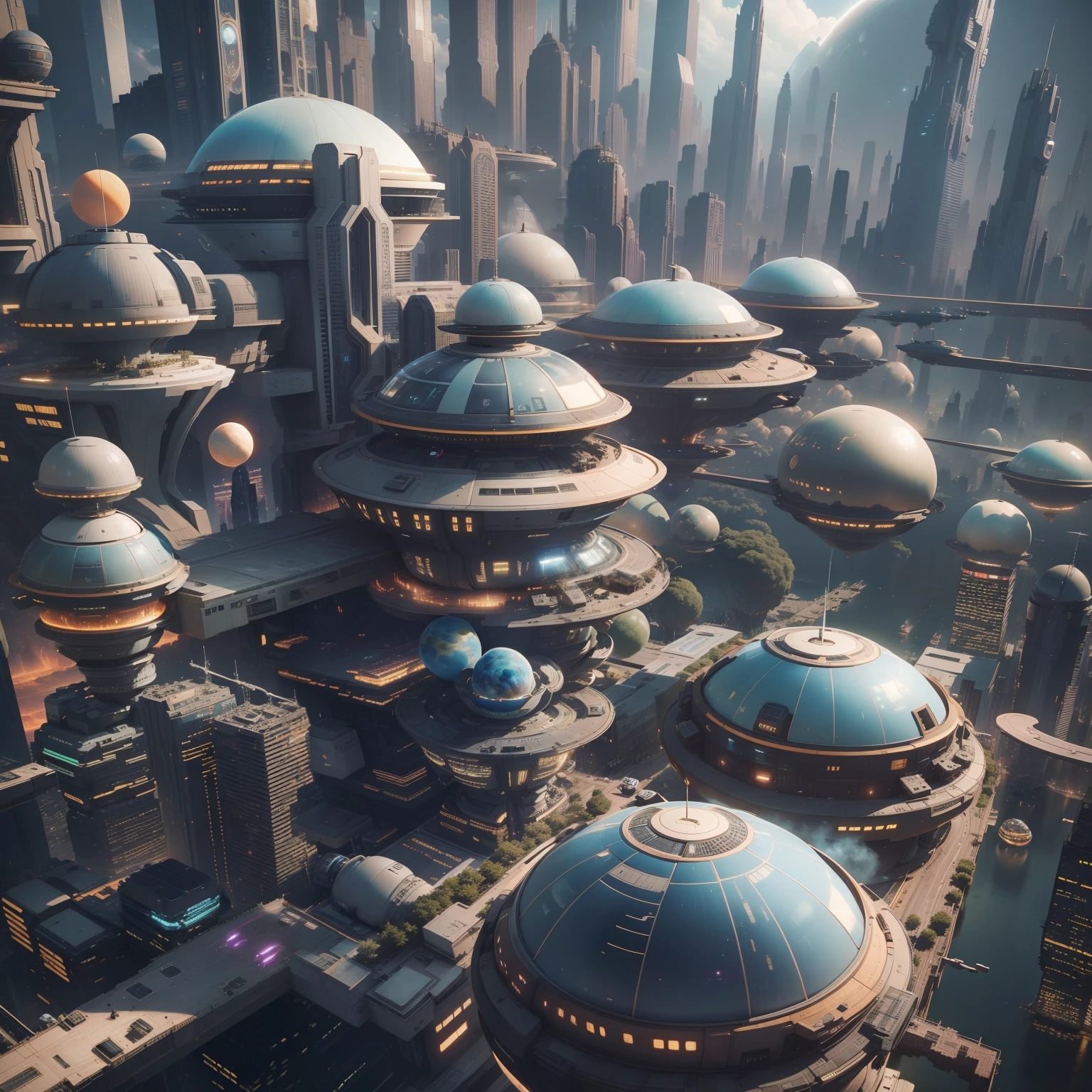 Space City、Futuristic cities、alien、floating in the universe、cyberpunked、Skyscrapers line the streets、A space station、top-quality、masterpiece、24century、dream、utopian、planet earth、World of Dreams、Fantasia、𝓡𝓸𝓶𝓪𝓷𝓽𝓲𝓬、Beautiful city