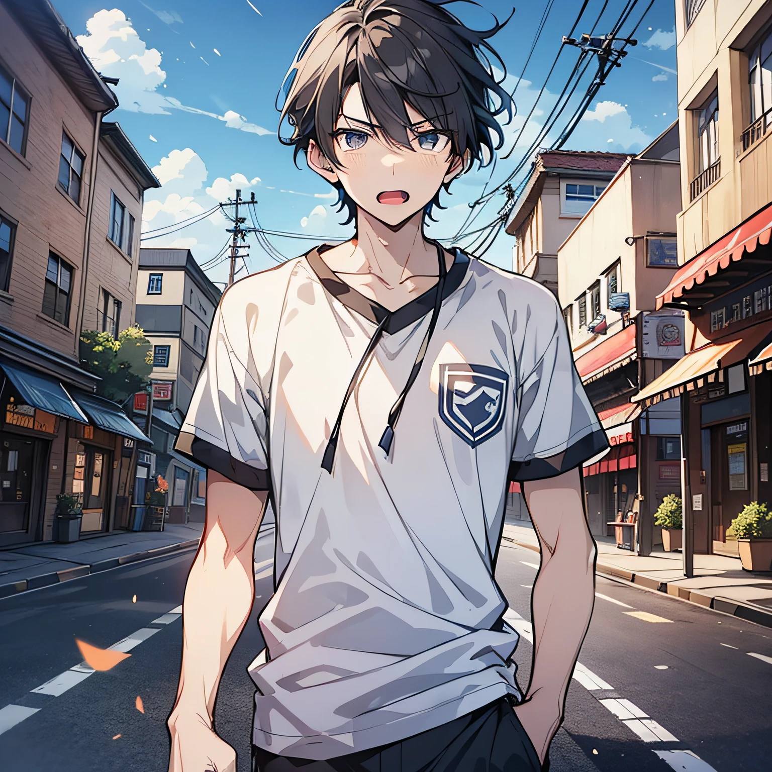 Around 18 years old, young anime man,Short black hair 1.5,Wear a plain white shirt,Standing on the side of the road in town with an angry expression(Open mouth 1.5)(Rage 1.5)(The background is on the roadside of the town:1.5),Anime style 4K,Anime rendering,style of anime,8K fineness,(Upper body display:1.5)(Cinematic lighting:1.5)(Handsome anime boy 1.5)