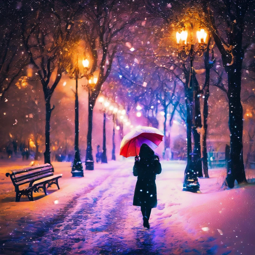 Winters,the night,nevando,Snow on the ground,pedestrian walkway,Holding an umbrella,White umbrella,Long white dress,shot from a far distance,