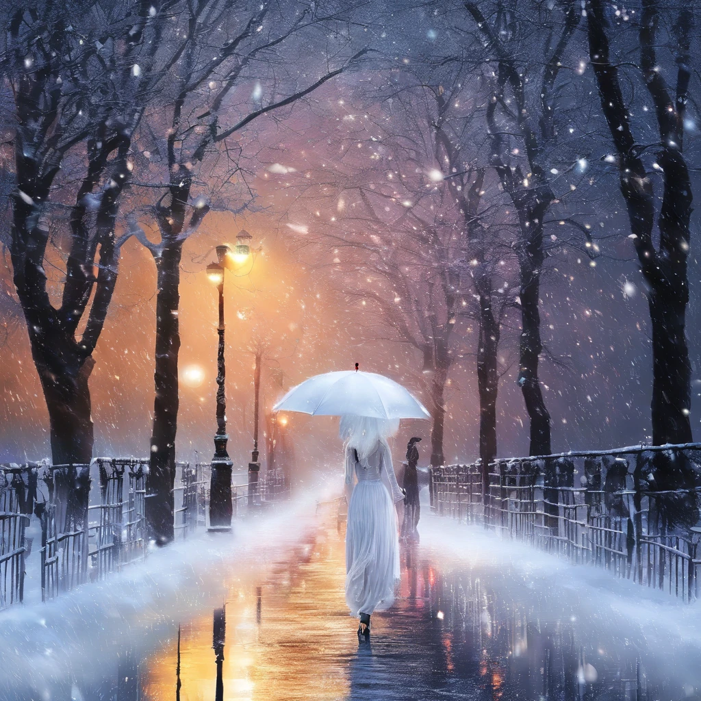 Winters,the night,nevando,Snow on the ground,pedestrian walkway,Holding an umbrella,White umbrella,Long white dress,shot from a far distance,