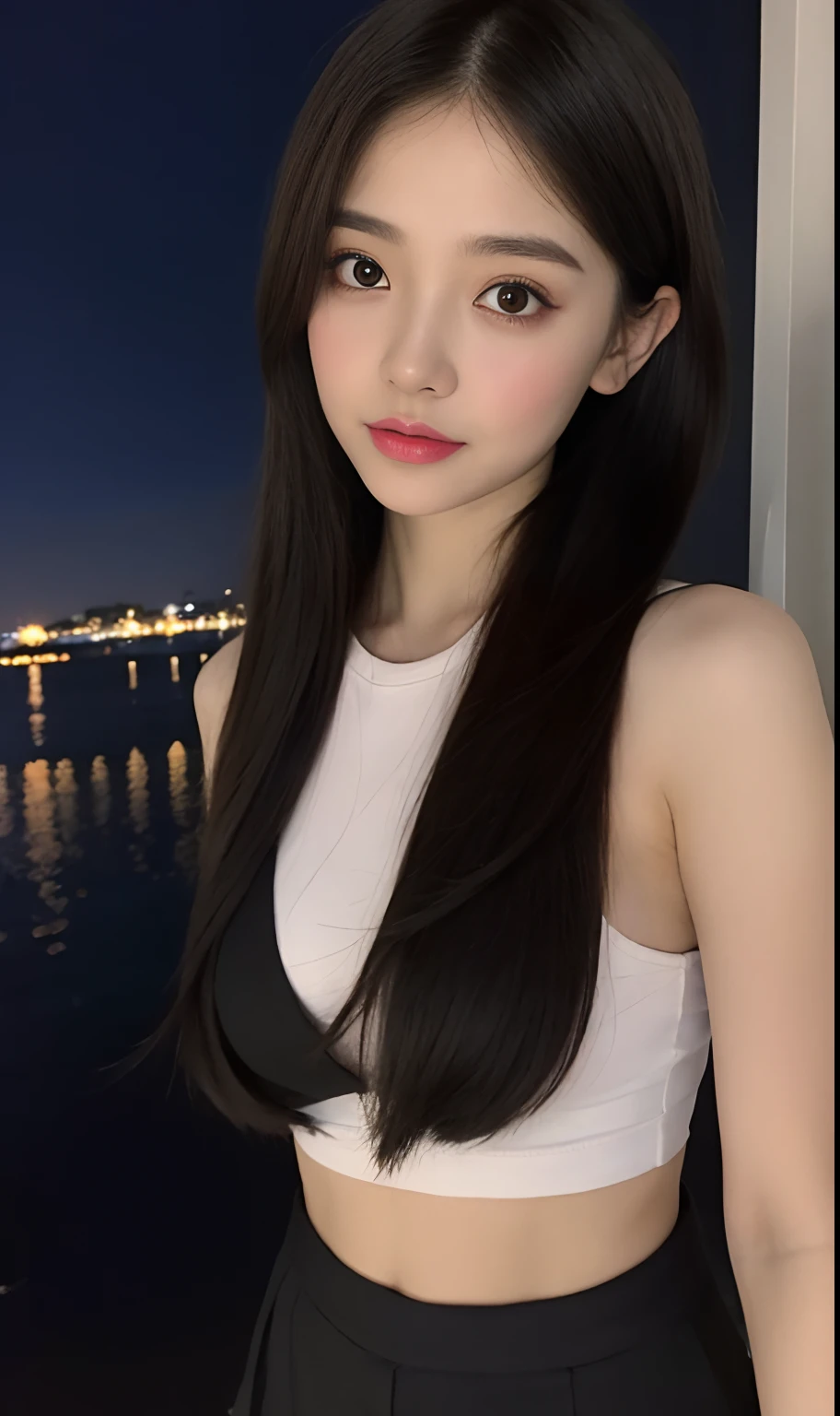 (Original photo of 8K,best qualtiy,tmasterpiece:1.2),(Medium view),the night,Night on a yacht,Sea and night view in the background,best qualtiy,tmasterpiece,(Small mouth:1.2),short- sleeved,short- sleeved,short- sleeved,short- sleeved,an extremely delicate and beautiful one,,astounding,finely detailled,tmasterpiece,Best quality at best,(age 22:1.2),Narrow waist,Slim,is shy,Pure,adolable,Bushy hair,Soft hair,big breasts beautiful,A detailed eye,(long whitr hair:1.2)