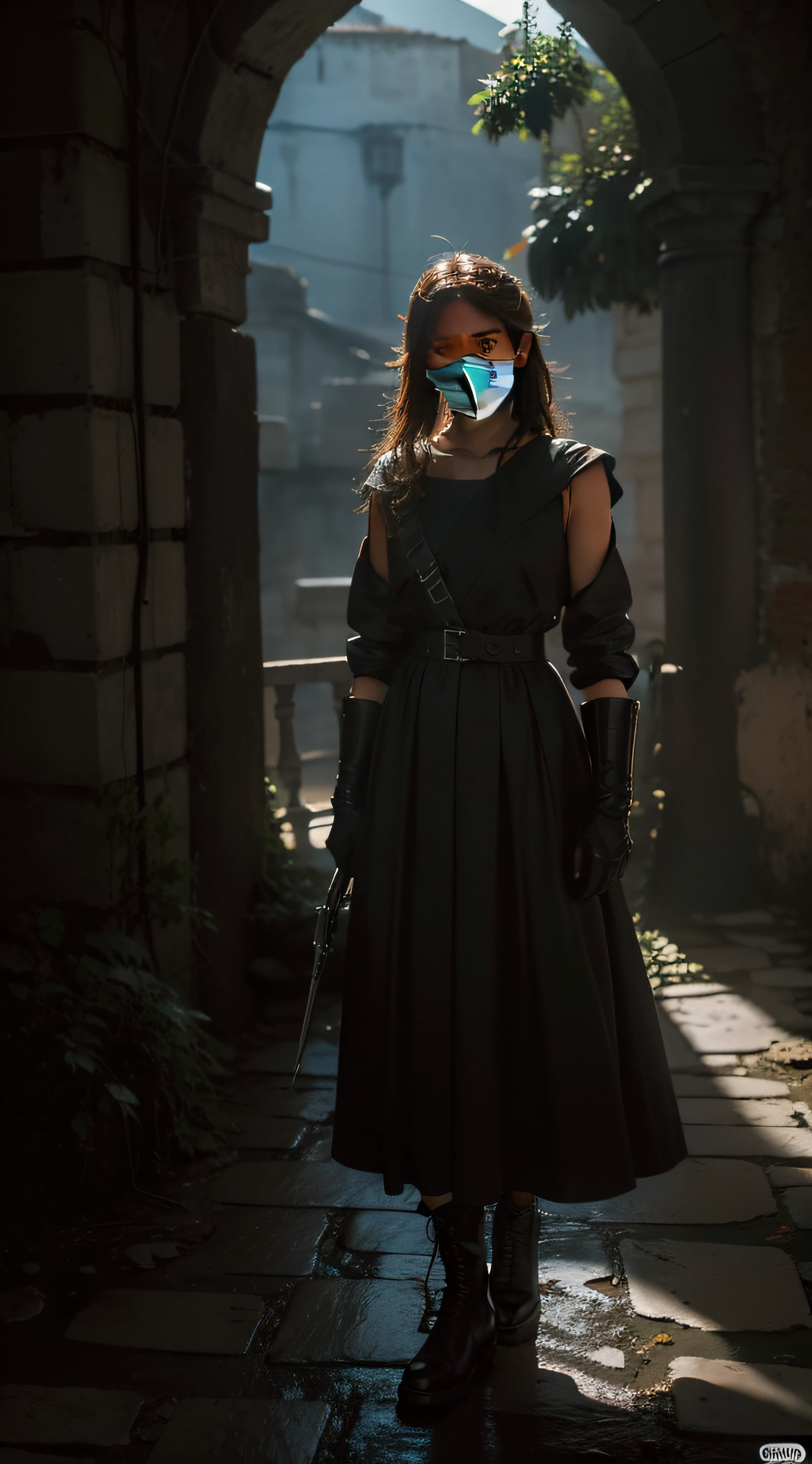 (extremadamente detallado, obra maestra, La mejor calidad, foto antigua, principios de siglo, epic scenery) soldado estilo ciberpunk, armadura robotica, mask, cables, tornillos, luces rojas, paisaje de ruinas. plano cercano. manchas. Caravaggio-style lighting. tenebrismo-