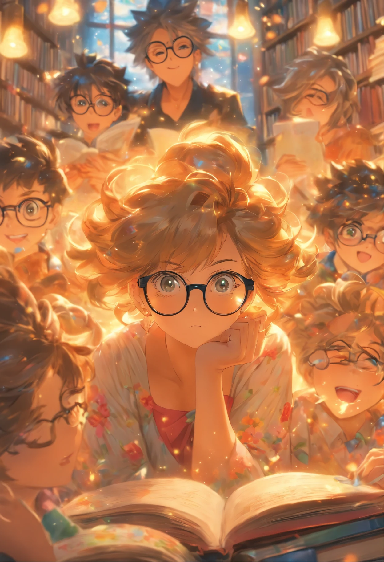 Quality first,masterpiece in detail,Middle-aged woman wearing glasses,sportrait,closeup cleavage,Several cute kids reading a book,in class room,fresh flowers,Rich in color