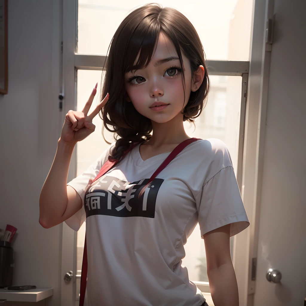 The sun is soft,Idyllic two-story small building,-yeld Chse girl,Wear a cute T-shirt on the top and a pleated skirt on the bottom,Look down from the balcony on the second floor,Top view